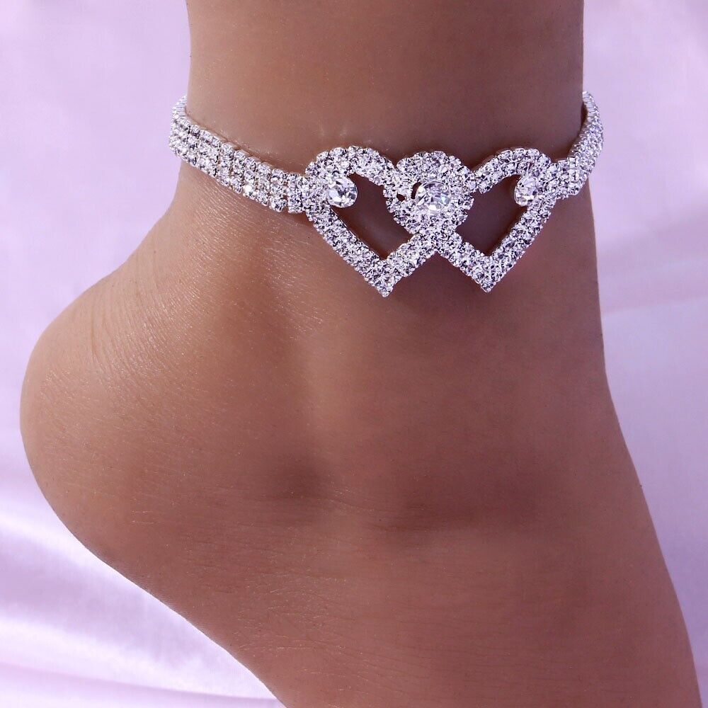 Doppel Herz Fußkettchen Armband Liebe Barfußkette Bling Kristall Fußkettchen US