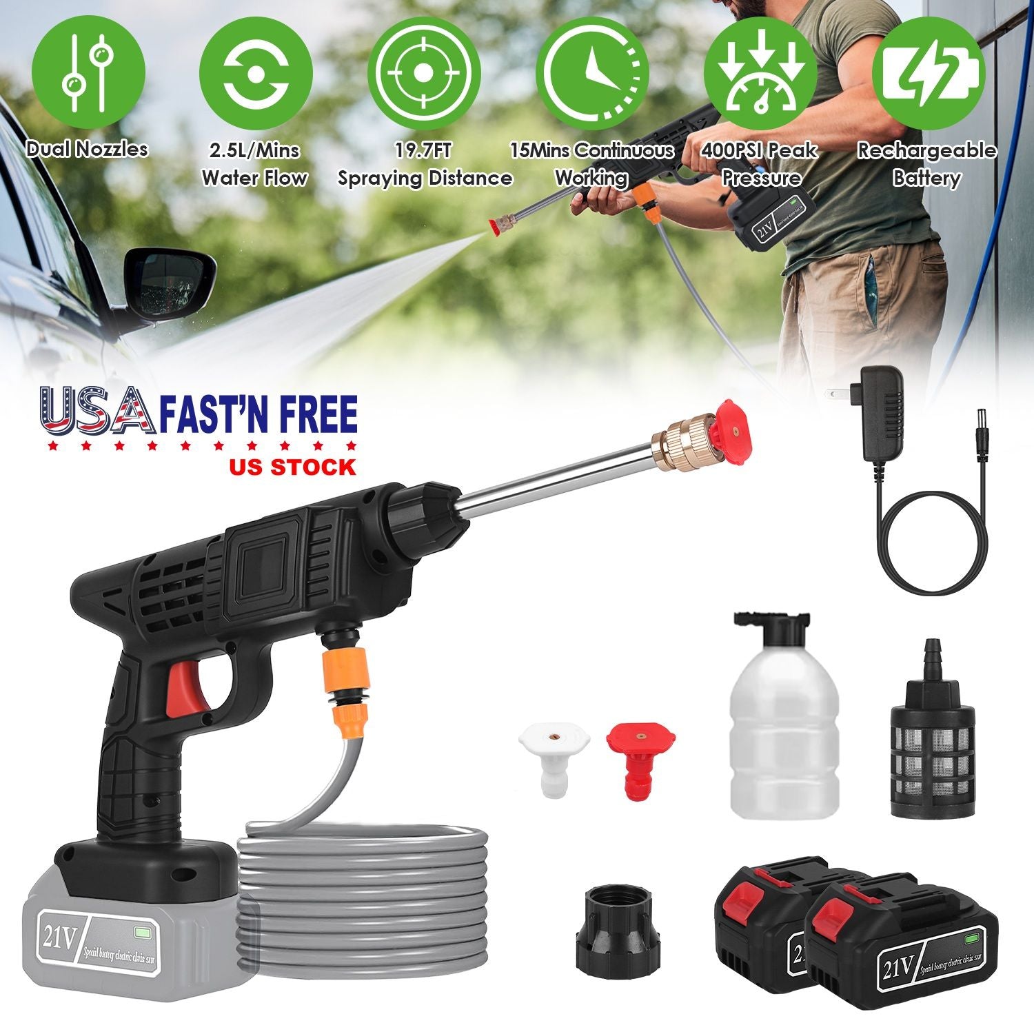 Nettoyeur haute pression sans fil portable électrique 400 PSI pour voiture avec buses 0° et 40°, réservoir à mousse, filtre, batterie 21V 1200mAh et chargeur