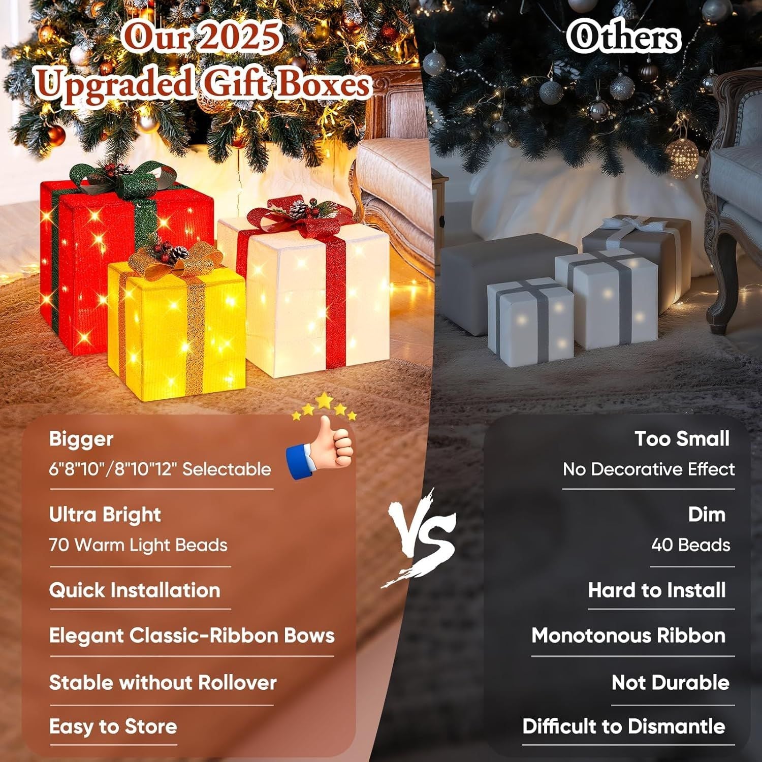 3 grandes boîtes cadeaux pour décorations de Noël extérieures, 25,4 cm, 20,3 cm, 15,2 cm avec mini guirlandes lumineuses de 70 LED pré-éclairées, boîtes cadeaux lumineuses avec paillettes pour Noël, mariage, fête