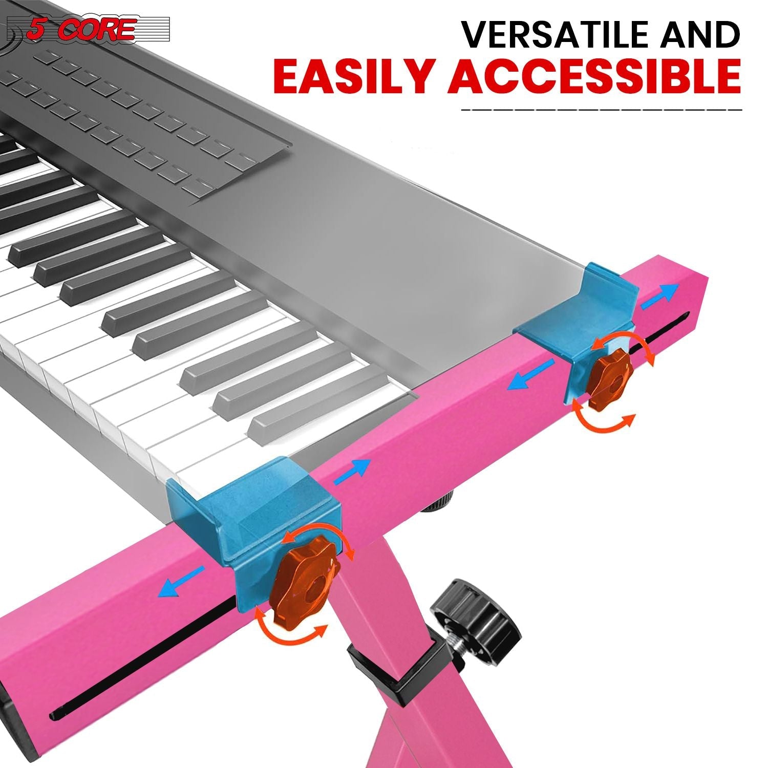 5 CORE Keyboardständer, Z-Form, höhen- und breitenverstellbar, tragbar, robust, für Kinder und Erwachsene, passend für 54- bis 88-Tasten E-Pianos mit Rollen – KS Z1 BPNK HD WHLS