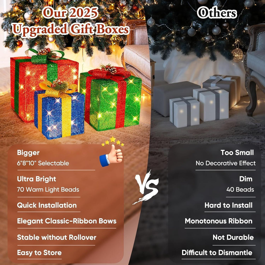 3 grandes boîtes cadeaux pour décorations de Noël extérieures, 25,4 cm, 20,3 cm, 15,2 cm avec mini guirlandes lumineuses de 70 LED pré-éclairées, boîtes cadeaux lumineuses avec paillettes pour Noël, mariage, fête