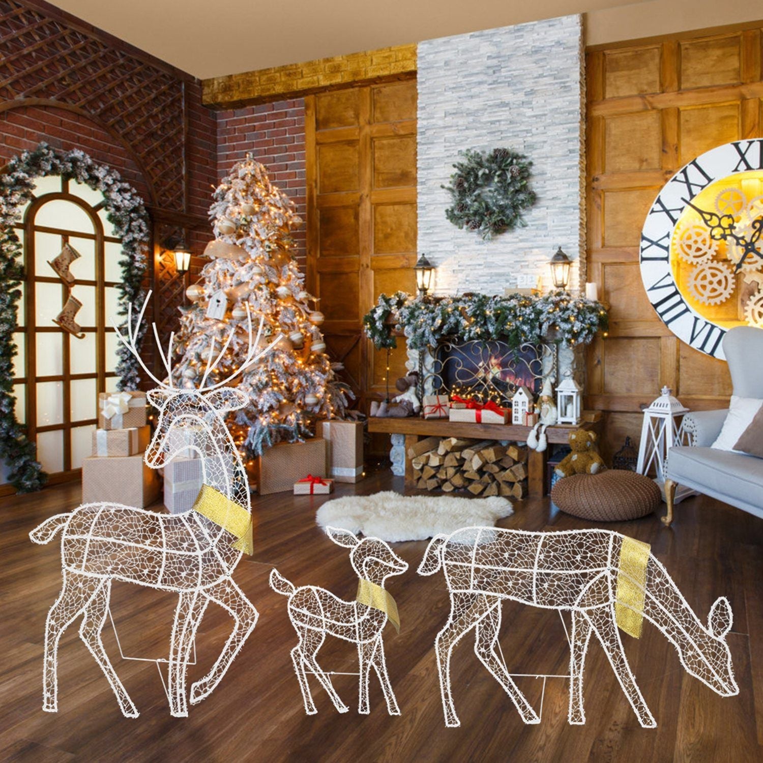 3er Set Rentierfamilie beleuchtet 2D Weihnachts-Hirsch-Dekoration warmweißes Licht 3 Beleuchtungsmodi Hirschkuh-Kitz Innen-Außen-Weihnachtsdekoration