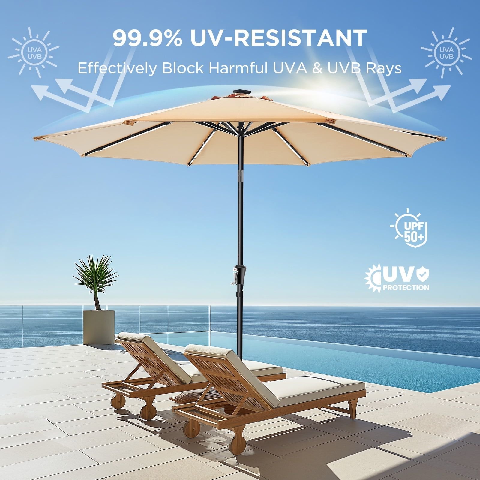 9FT Solar LED Terrassenschirm für Garten, Hinterhof & Pool – Beleuchteter Sonnenschirm mit leichtgängiger Kurbel in Beige