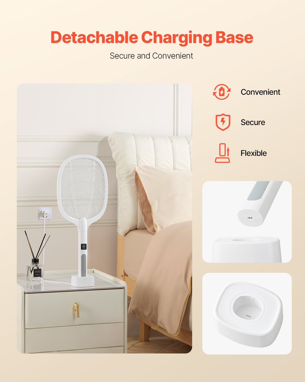 Raquette tapette à mouches électrique VEVOR, avec maillage 3 couches et écran numérique, double mode, batterie rechargeable 1500 mAh, pour la maison, la chambre, la cuisine et le patio, blanc