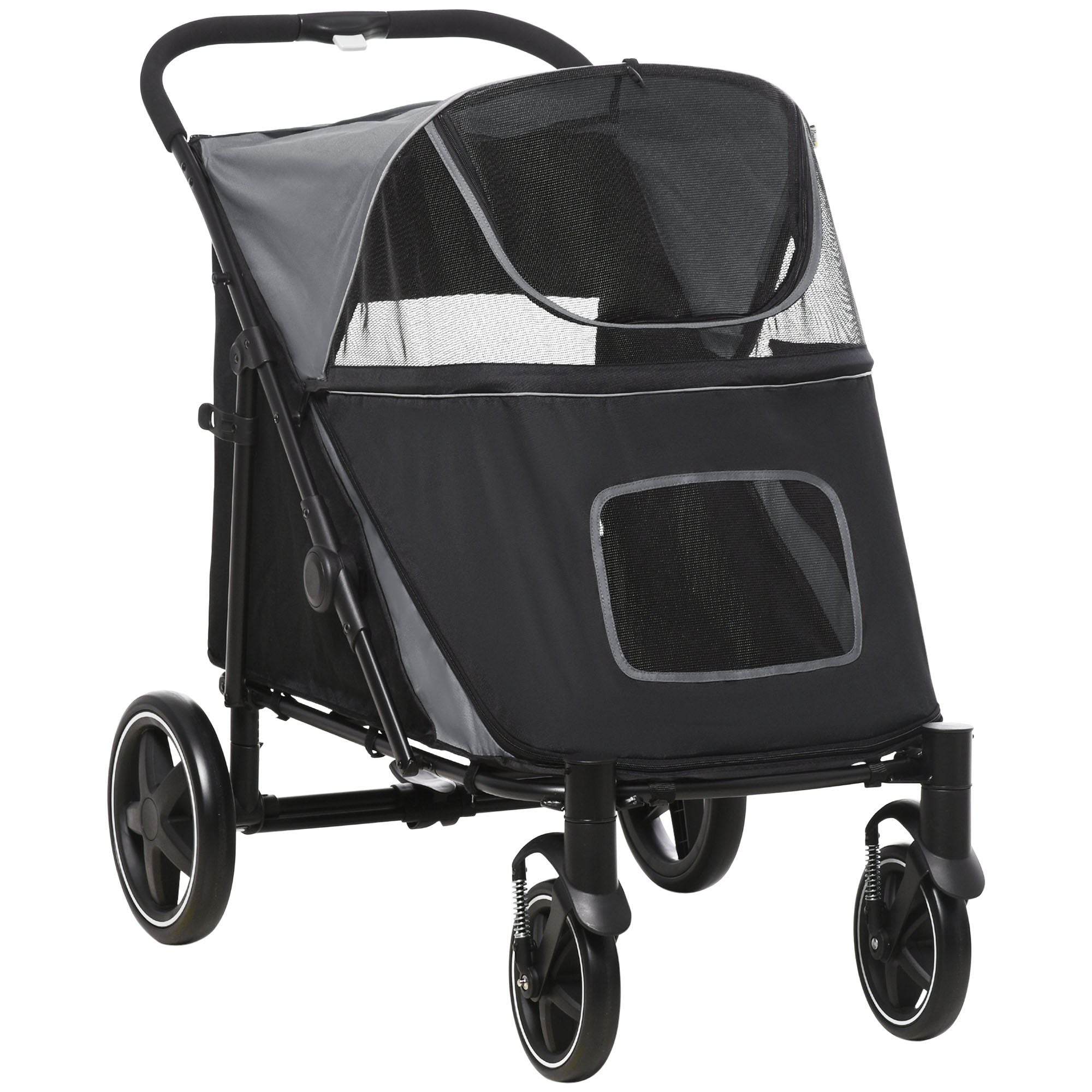 Tierkinderwagen Hunde-Katzen-Buggy mit Ein-Klick-Faltung, universellen Vorderrädern, Stoßdämpfern, Bremsen, Aufbewahrungstaschen, Netzfenster