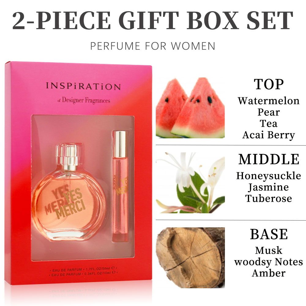 2-teiliges Set, Damen-Eau de Parfum Geschenkbox, langanhaltender Duft, Noten von Wassermelone, Birne, Tee, Acai-Beere, für Weihnachtsgeschenke, Dating, Alltag, 50 ml Parfüm, 10 ml Parfüm
