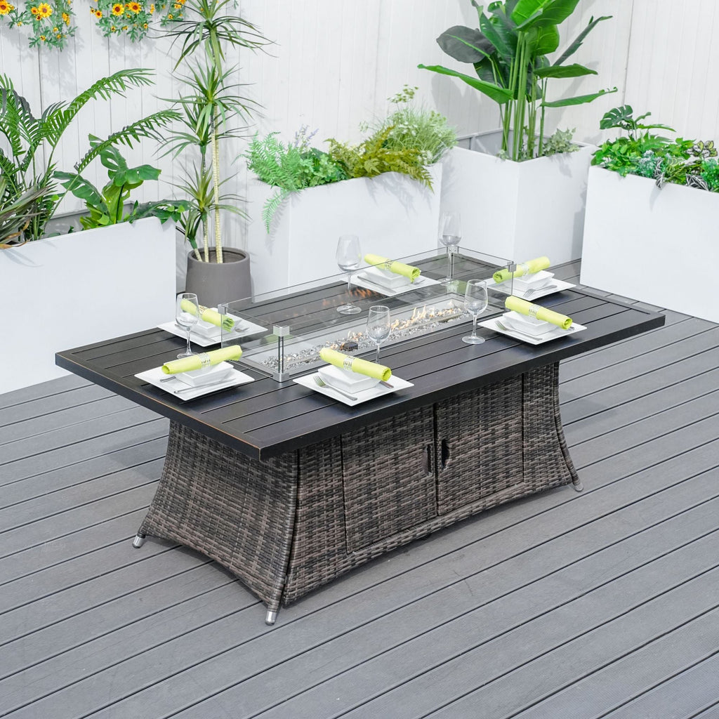 Ensemble de salle à manger d'extérieur Direct Wicker avec foyer – Table rectangulaire en aluminium 6 places et chaises en rotin