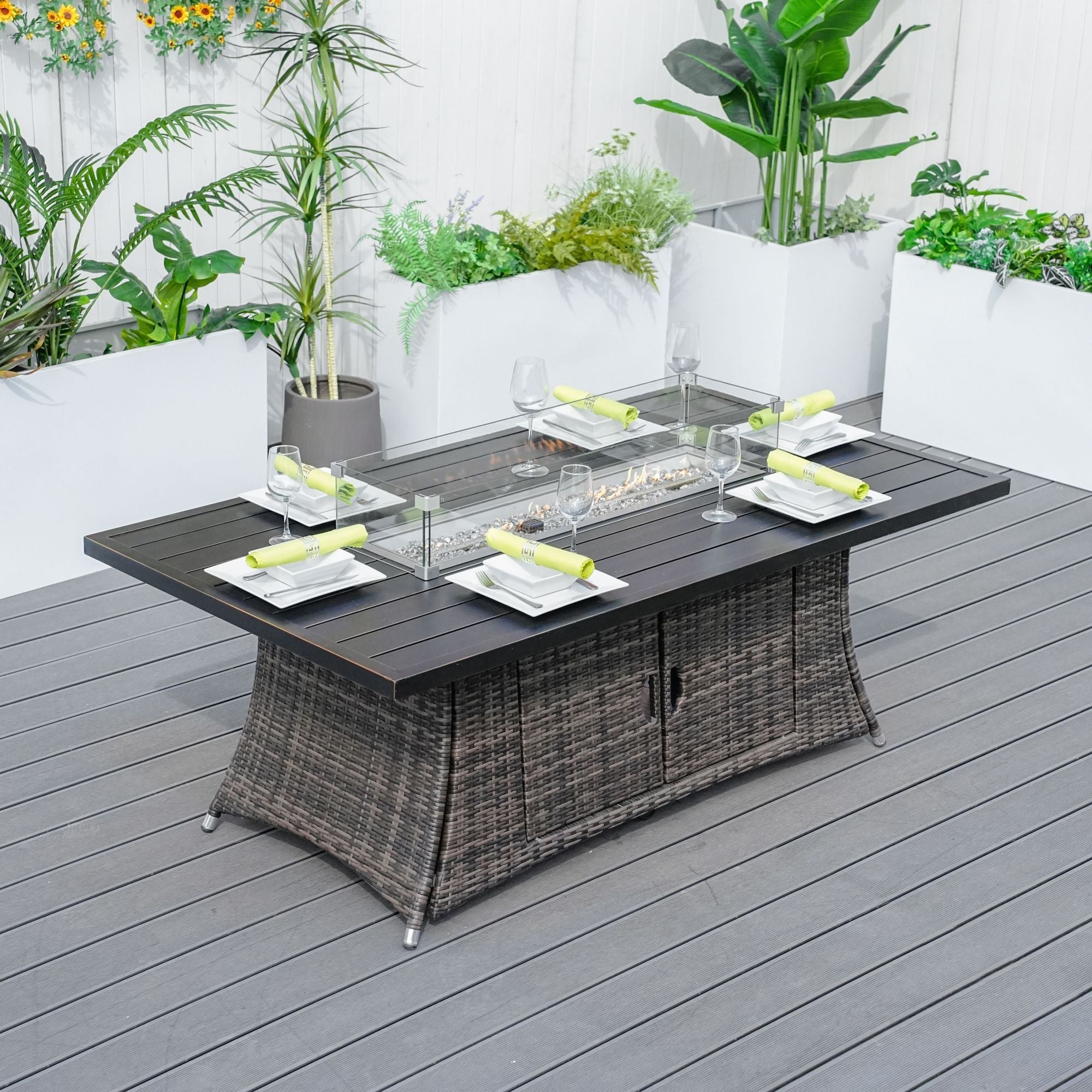 Ensemble de salle à manger d'extérieur Direct Wicker avec foyer – Table rectangulaire en aluminium 6 places et chaises en rotin
