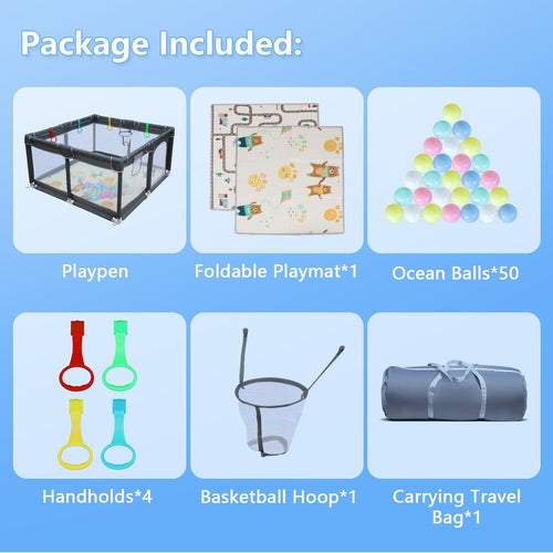 47"*47" Outdoor-Zaun Baby-Laufstall Stoff-Laufstall Abnehmbare Umzäunung für den Innen- und Außenbereich Pflege für Kinder und Haustiere mit faltbarer Spielmatte, Bällen, Haltegriffen, Basketballkorb