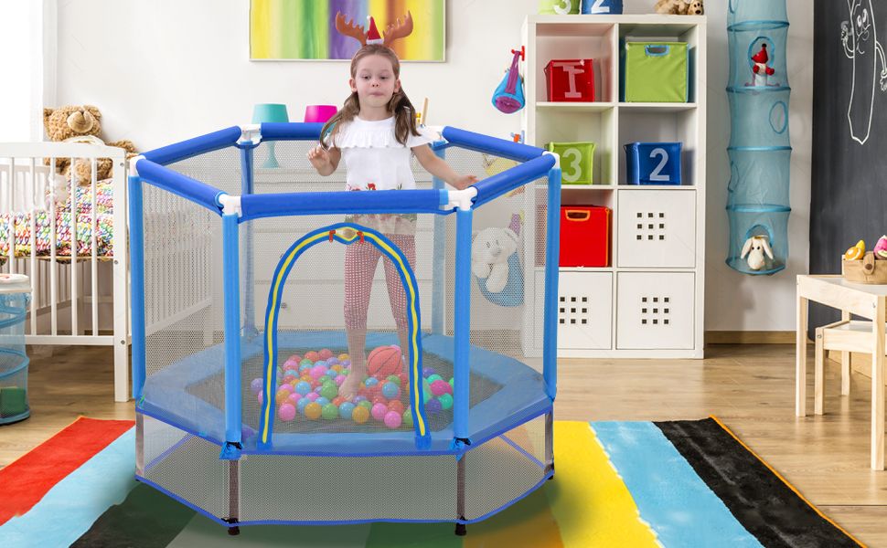 55'' Kleinkinder Trampolin mit Sicherheitsnetz und Bällen, Indoor Outdoor Mini Trampolin für Kinder