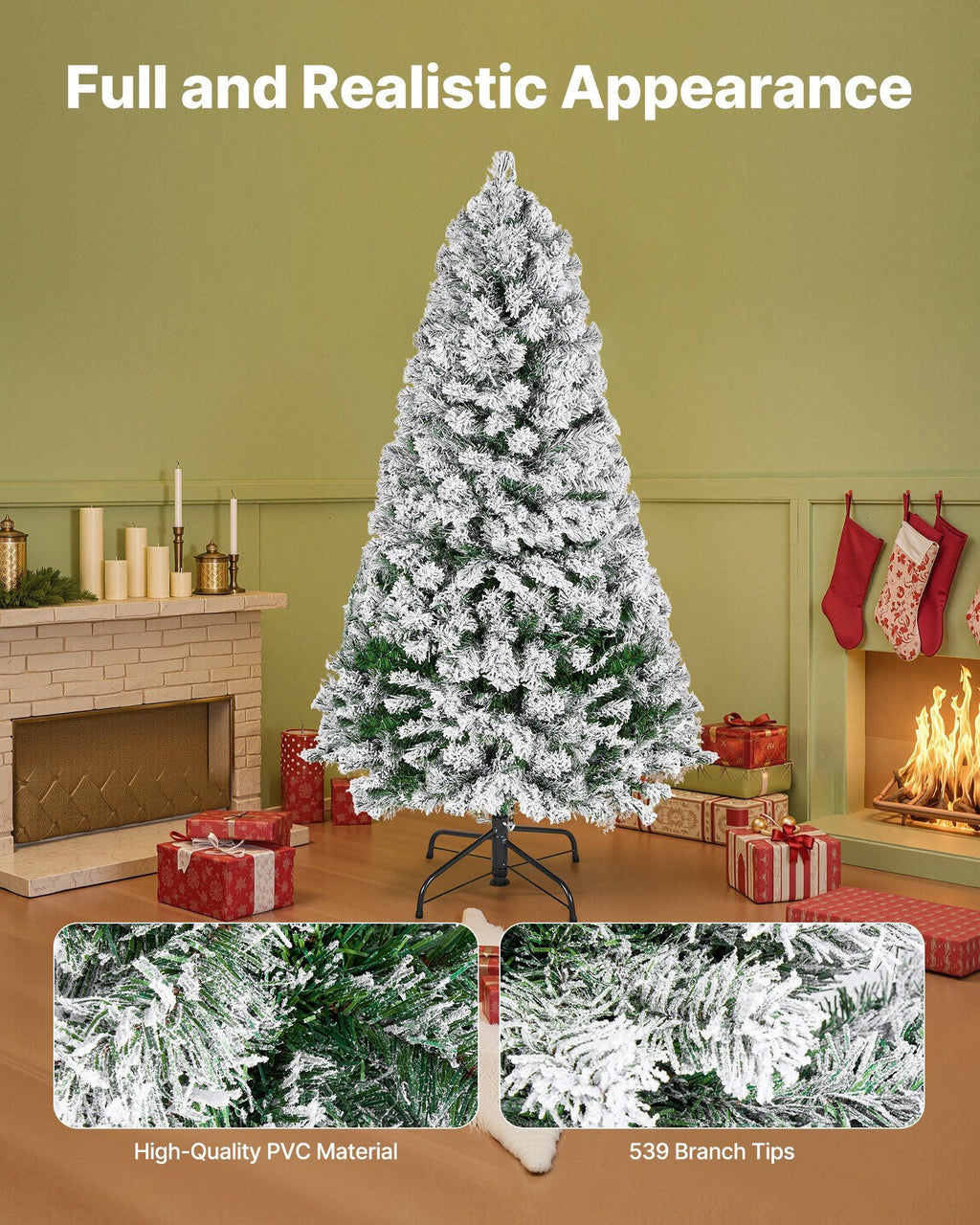 VEVOR Weihnachtsbaum, 1,2 m großer, vorbeleuchteter, beflockter Kunstbaum, voller Weihnachtsbaum mit 120 warmweißen LED-Lichtern, 8 Beleuchtungsmodi und 539 Zweigspitzen für Heim-, Party- und Bürodekoration