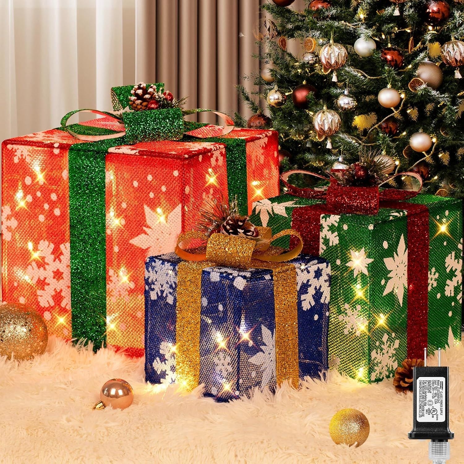 3 Stück große Geschenkboxen für Weihnachtsdekorationen im Freien, 25 cm, 20 cm, 15 cm mit vorbeleuchteten 70 LED Mini-Lichterketten, Steckdosenbetriebene warmweiße Geschenkboxen mit Glitzer für Weihnachts-Hochzeitsfeier