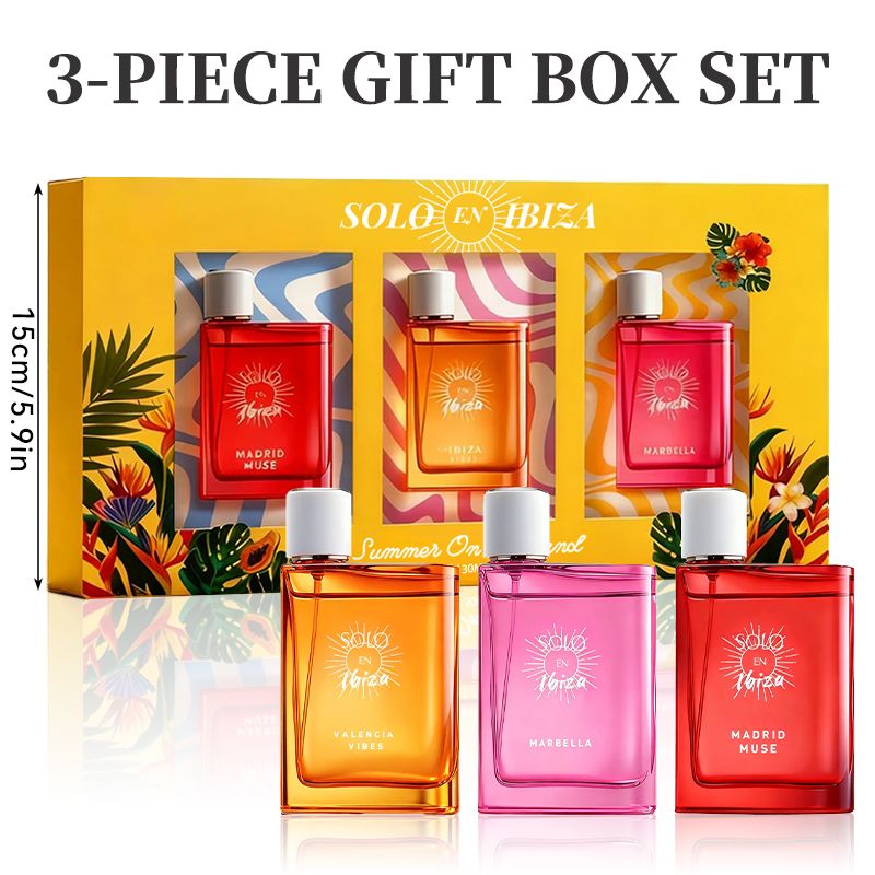 Coffret Cadeau Parfum Femme SOLO EN IBIZA - 3 x Vaporisateurs Eau de Parfum 30 ml - 3 Parfums Longue Durée - Pour les Fêtes, les Rendez-vous, l'Utilisation Quotidienne et les Soirées - Cadeau Idéal pour Femme