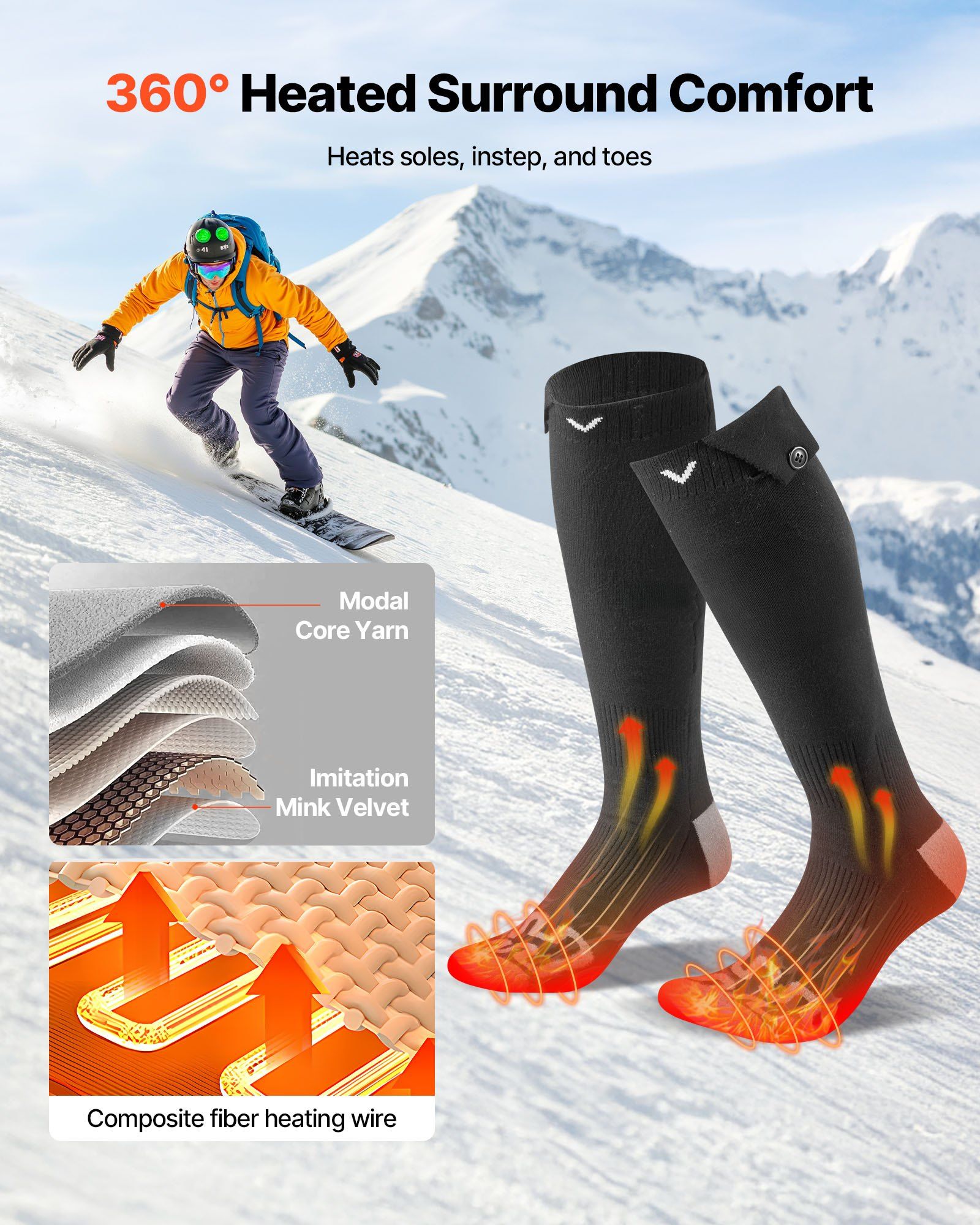 Beheizte Socken, batteriebetrieben mit 5000mAh, wiederaufladbare Heizsocken mit 4 Heizstufen, elektrische Heizsocken für Herren und Damen, Fußwärmer für Jagd, Reiten, Camping, Wandern, Skifahren, Outdoor-Arbeiten