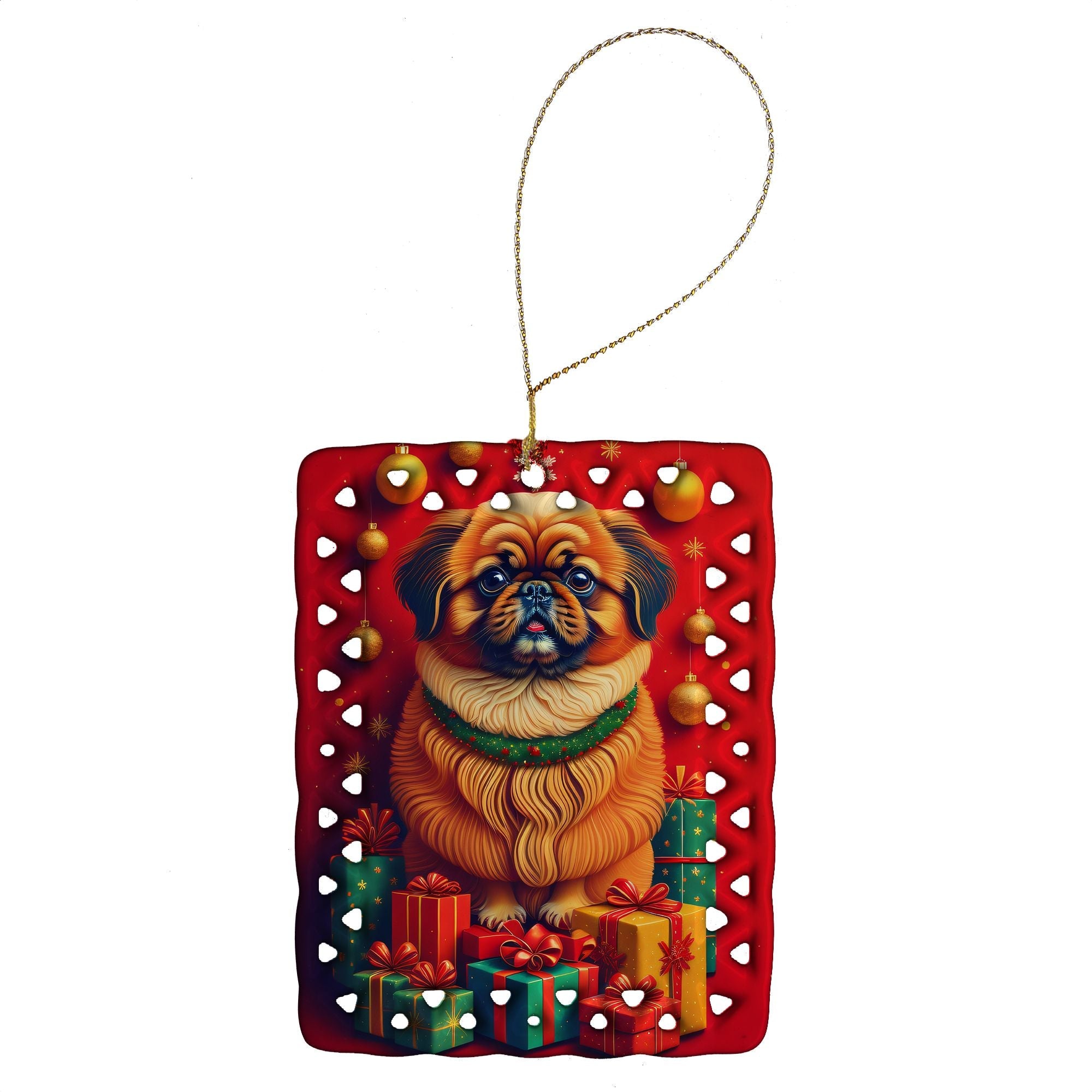 Pekingese Holiday Weihnachtsporzellan Ornament Weihnachtsbaum Hängedekorationen für Zuhause Weihnachtsfeier, Rechteck, Geschenk, Mehrfarbig