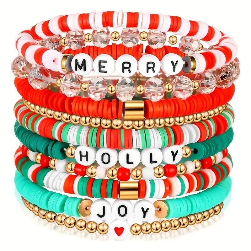Lot de 10 bracelets de Noël – Bracelets extensibles en argile polymère Heishi avec messages joyeux | Bijoux fantaisie en perles pour femme | Accessoires de fête saisonniers