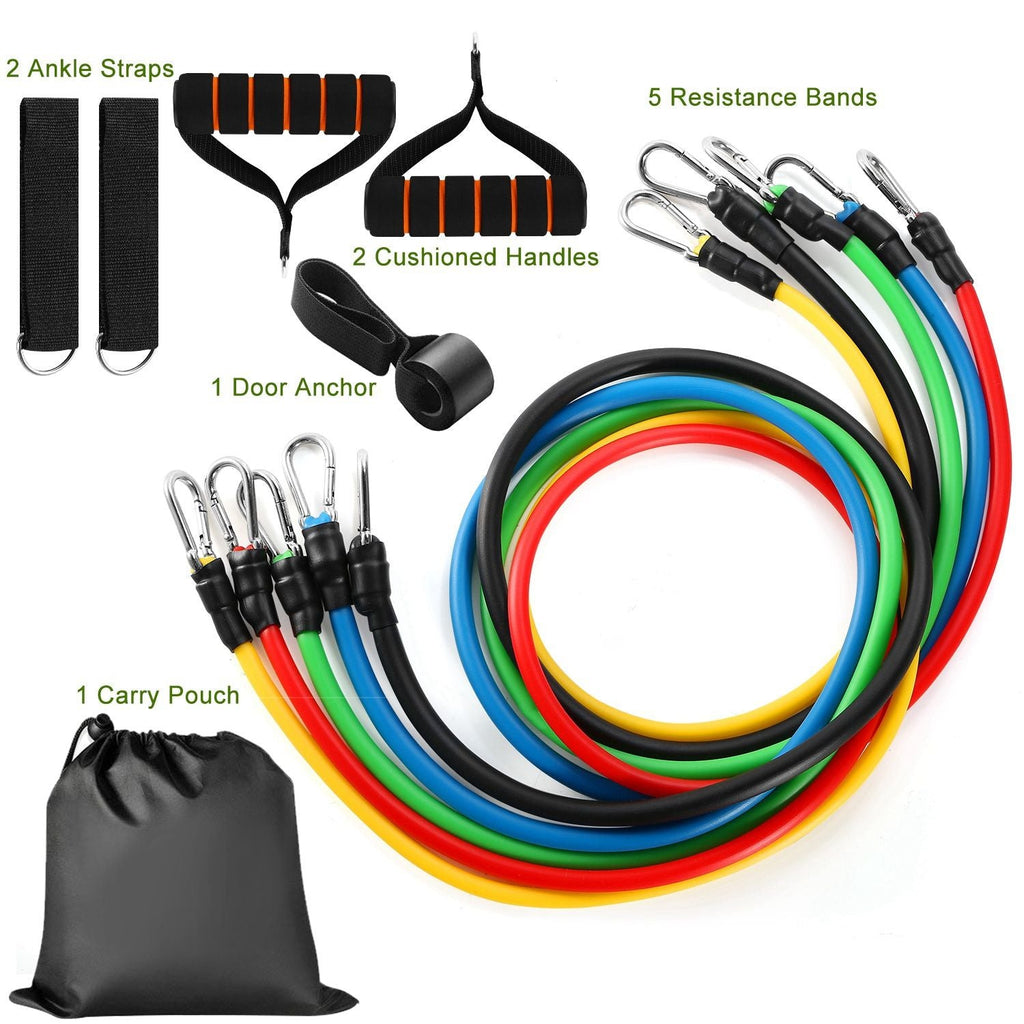 Lot de 11 bandes de résistance pour entraînement fitness – Tubes d'exercice jusqu'à 45 kg