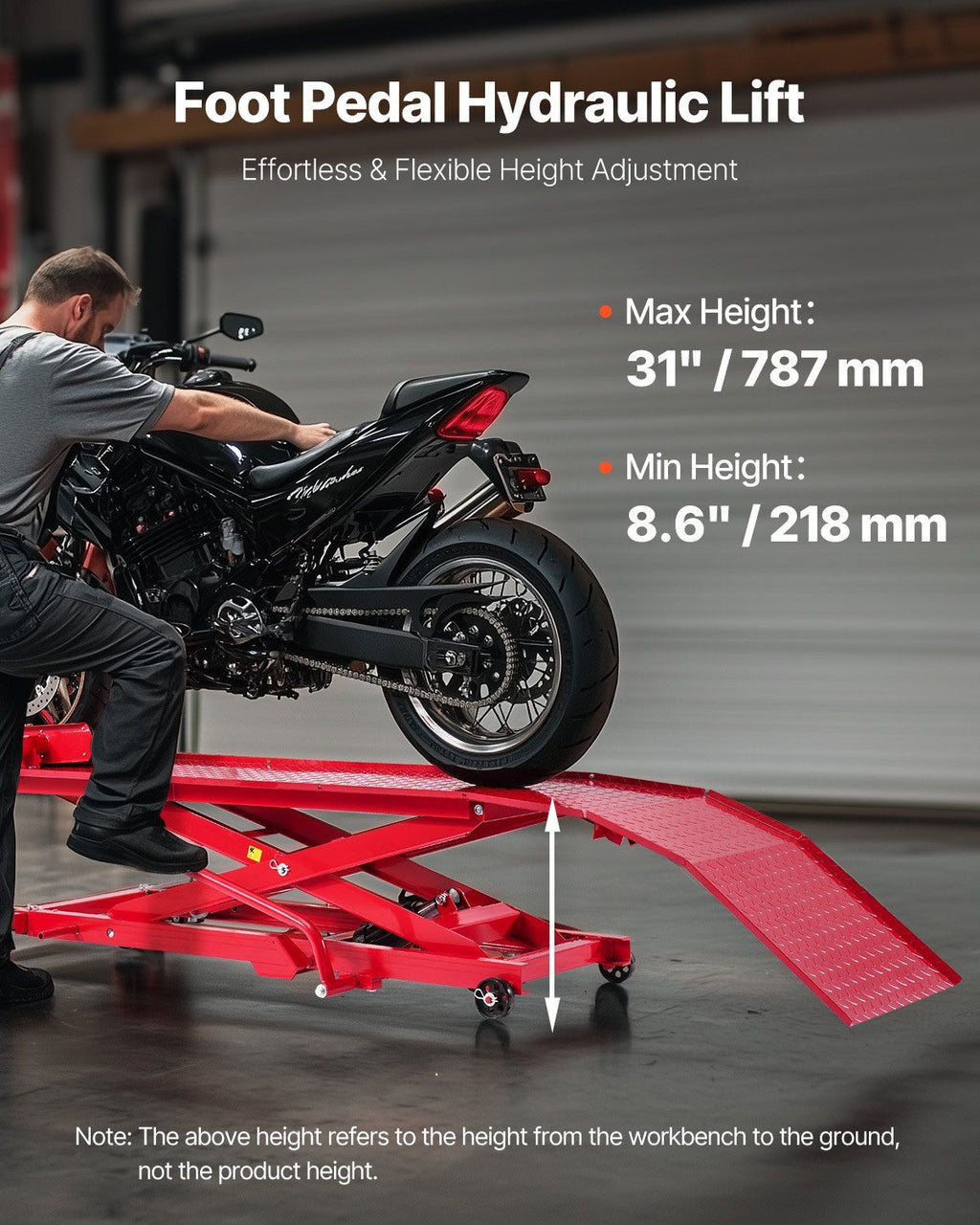 Motorrad-Hebebühne, 450 kg Tragkraft, 360° flexibel beweglicher Motorradständer, 21,8-78,7 cm Höhenbereich, Hochleistungs-Fahrradreparaturständer mit Sicherheitsschloss für ATVs, Dirt Bikes