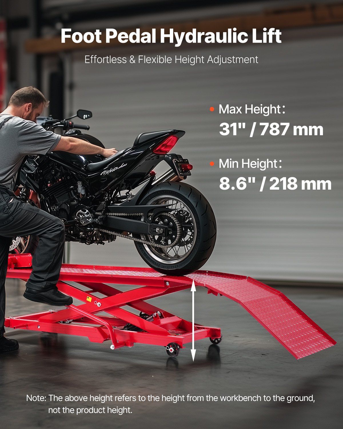 Motorrad-Hebebühne, 450 kg Tragkraft, 360° flexibel beweglicher Motorradständer, 21,8-78,7 cm Höhenbereich, Hochleistungs-Fahrradreparaturständer mit Sicherheitsschloss für ATVs, Dirt Bikes