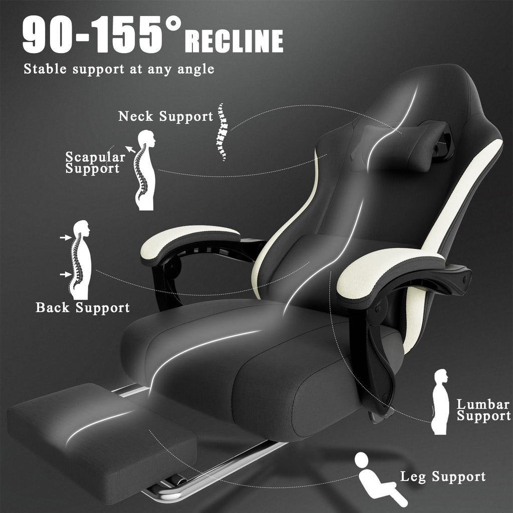 Chaise de jeu ergonomique avec coussin à ressorts ensachés, chaise d'ordinateur en tissu respirant avec repose-pieds, chaise de jeu vidéo avec soutien lombaire réglable pour adultes (Tissu)
