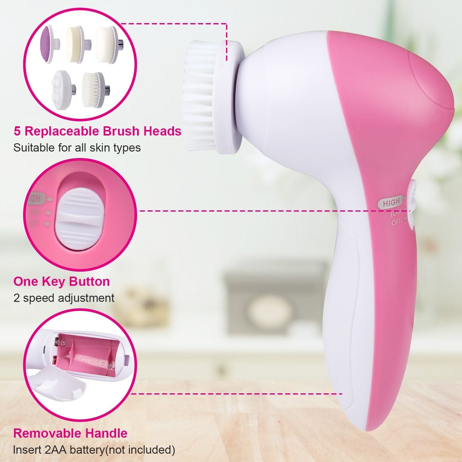 Brosse nettoyante visage électrique étanche avec 5 têtes de brosse pour femmes