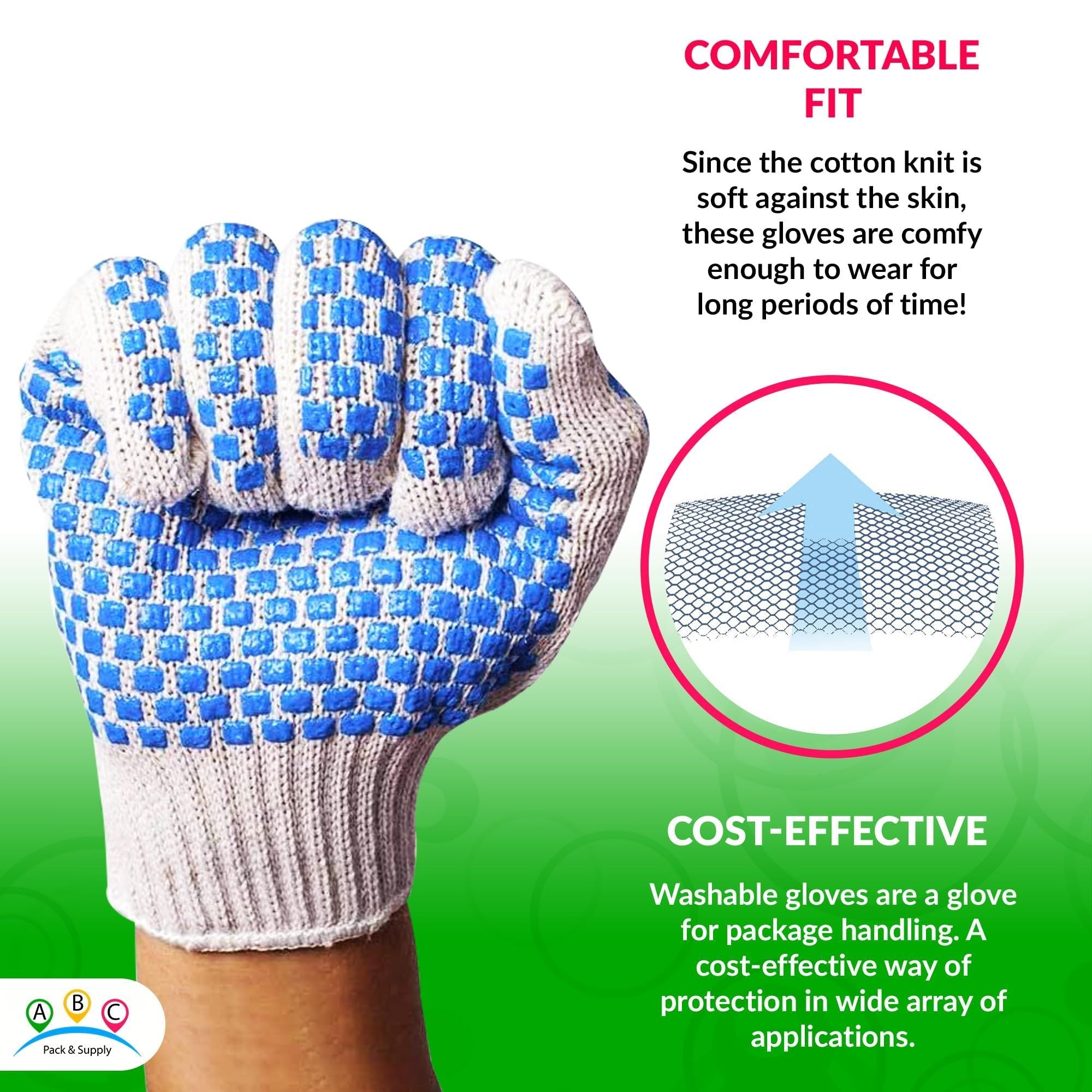 Packung mit 288 Strickhandschuhen mit blauen Noppen auf beiden Seiten, Größe L. Gestrickte Handschuhe aus Baumwolle-Polyester für allgemeine Zwecke. Schutzhandschuhe mit blauer PVC-Noppenstruktur. Mittelschwere Handschuhe.