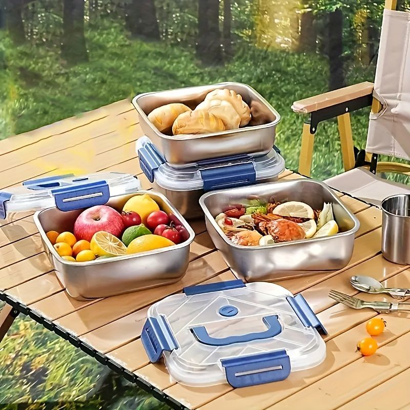 Yakimoto 2/4/6/8/10 Stück extragroße Lebensmittelbehälter aus Edelstahl mit blauen Deckeln – tiefes Design, luftdichter Verschluss, perfekt für die Kühlschrankorganisation, Essenszubereitung, Lunchboxen & Küchenspeisekammer