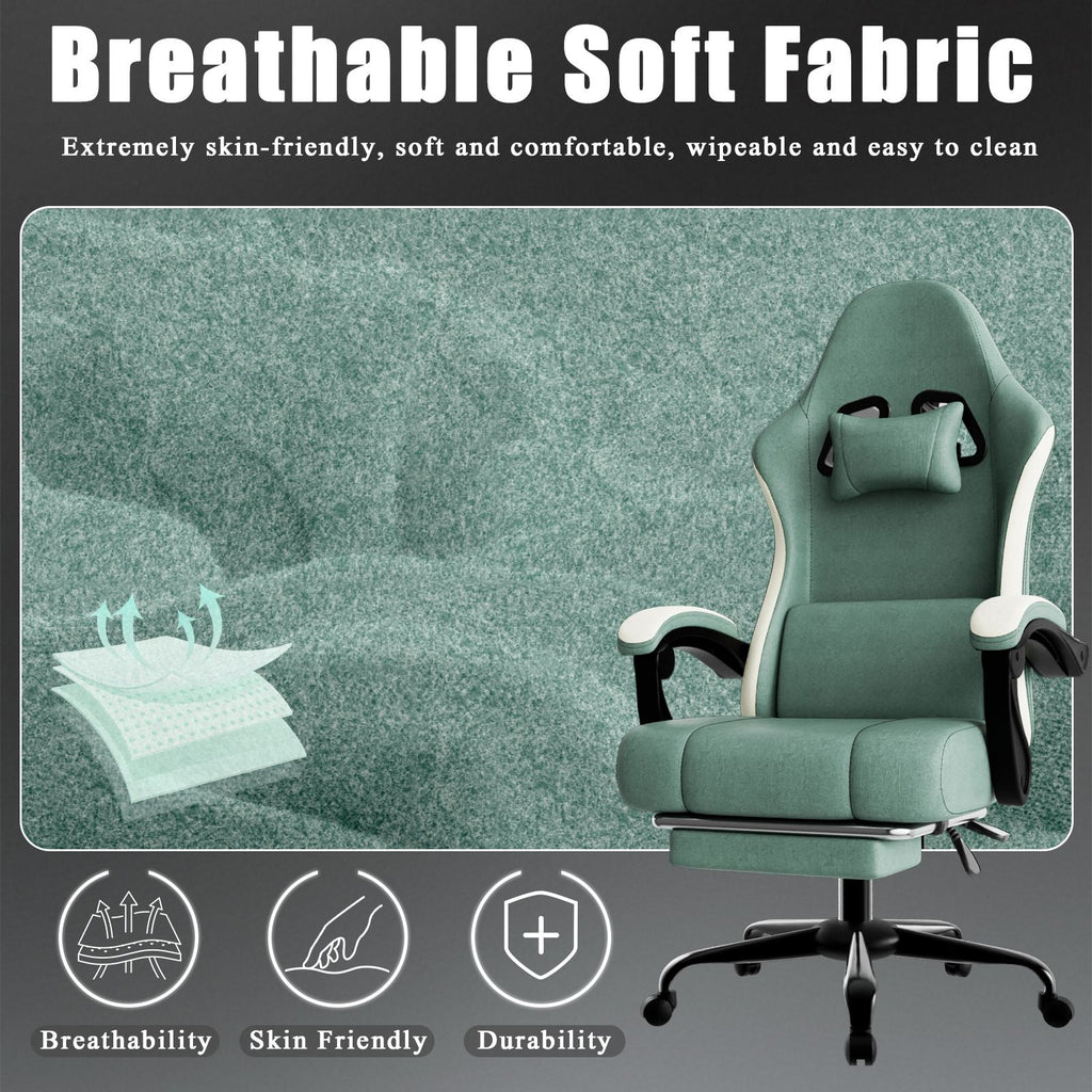 Chaise de jeu ergonomique avec coussin à ressorts ensachés, chaise d'ordinateur en tissu respirant avec repose-pieds, chaise de jeu vidéo avec soutien lombaire réglable pour adultes (Tissu)