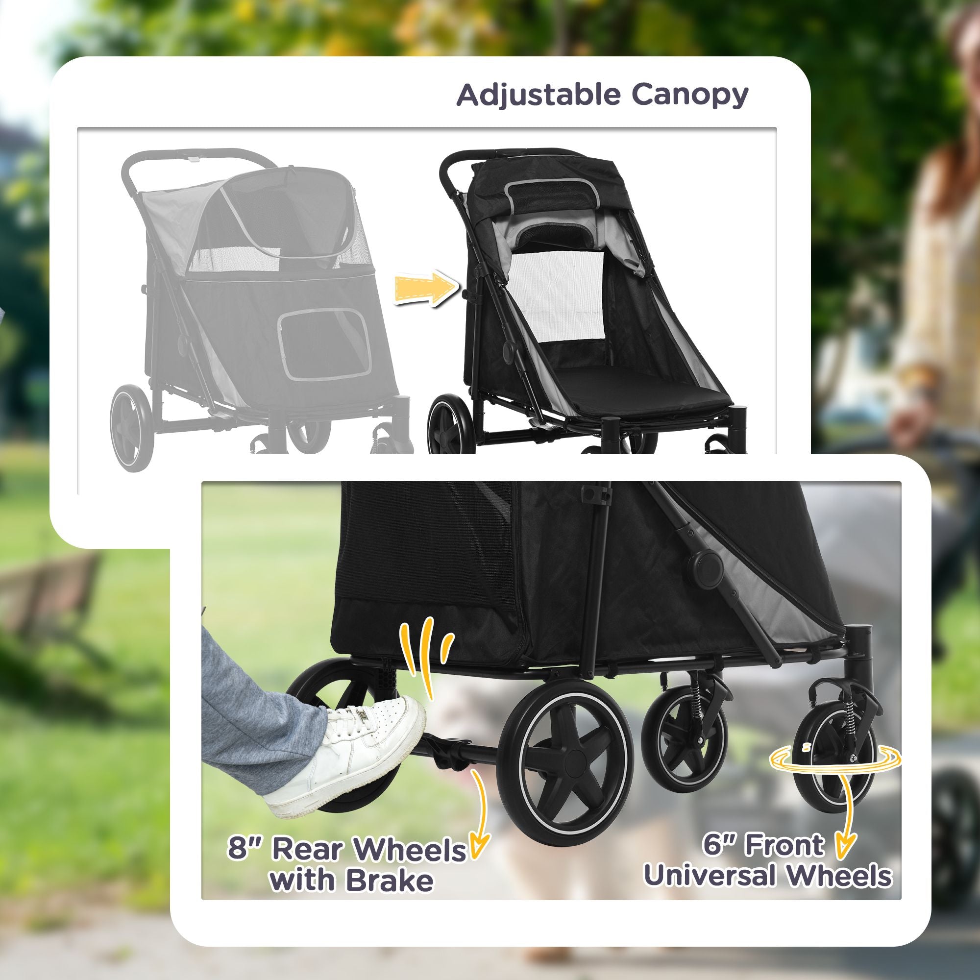 PawHut Haustier-Kinderwagen Hunde Katzen-Buggy mit Ein-Klick-Faltsystem, Universal-Vorderrädern, Stoßdämpfer, Bremsen, Aufbewahrungstaschen, Netzfenster