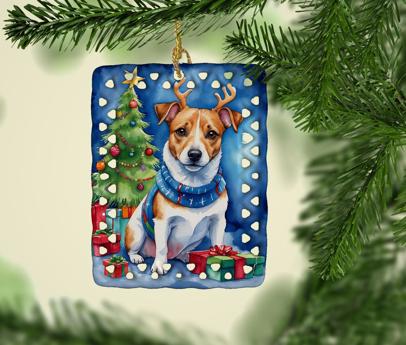 Jack Russell Terrier Weihnachtsrentier Porzellan Ornament Christbaumschmuck zum Aufhängen für Zuhause Weihnachtsferien, Rechteck, Geschenk, Mehrfarbig