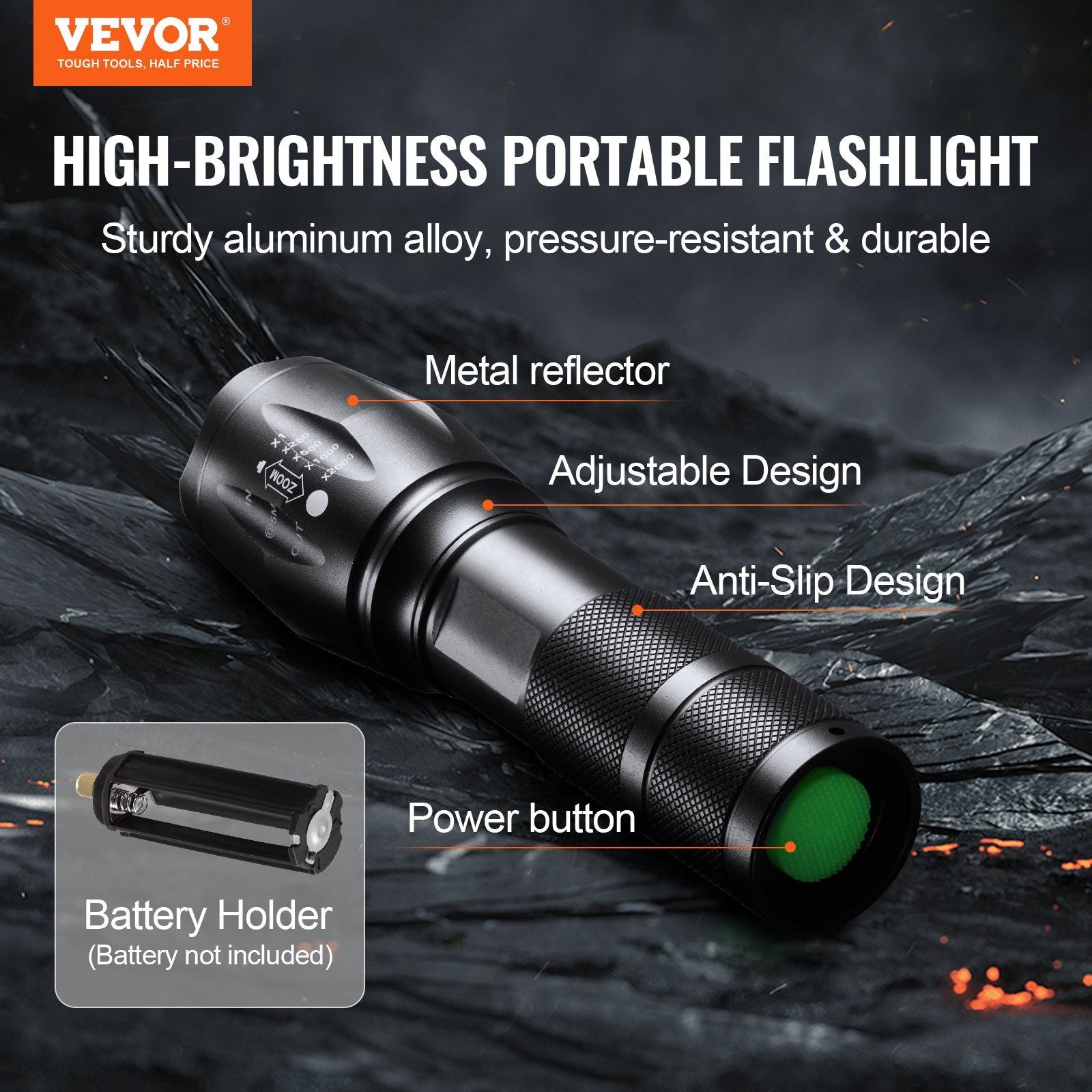 VEVOR 2er-Pack Taschenlampen, 2000 hohe Lumen, 5 Modi, verstellbarer Fokus, IP44 LED wasserdichte Handtaschenlampe für Camping, Radfahren, Wandern, Angeln, Notfall