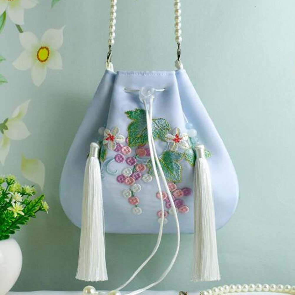 Blaue Hanfu-Umhängetasche mit Traubenstickerei, Handtasche, chinesischer Stil, Mini-Handytasche aus Canvas