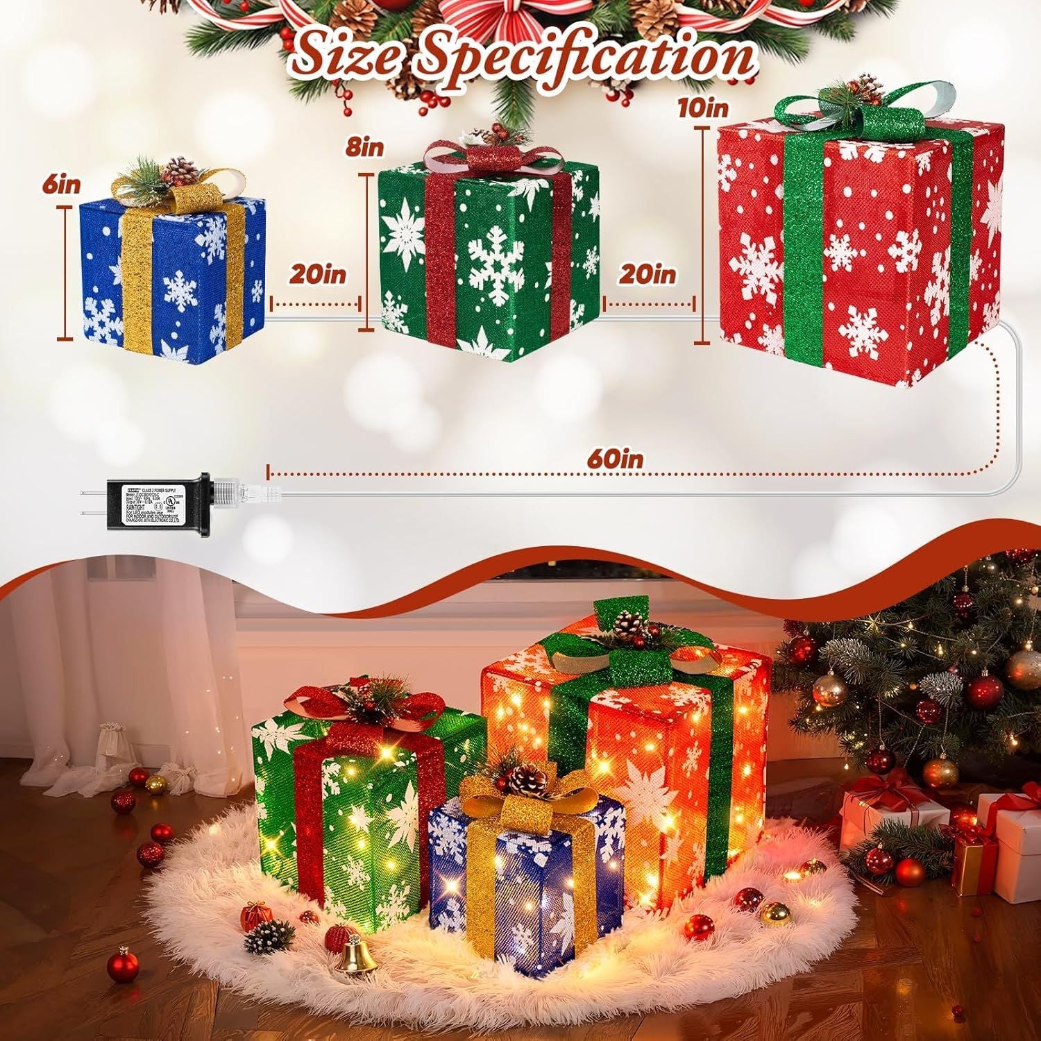 3 grandes boîtes cadeaux pour décorations de Noël extérieures, 25,4 cm, 20,3 cm, 15,2 cm avec mini guirlandes lumineuses de 70 LED pré-éclairées, boîtes cadeaux lumineuses avec paillettes pour Noël, mariage, fête