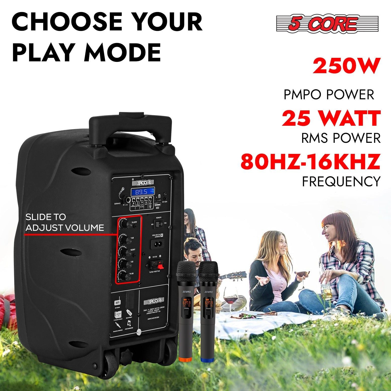Party Starter Speaker Bluetooth 250W Big Monster Powered Rechargeable Outdoor PA DJ System w Disco Lights 2 Wireless Karaoke Mics Portable Rolling Speakers w Handle Black - ACTIVE HOME 8 2-MIC