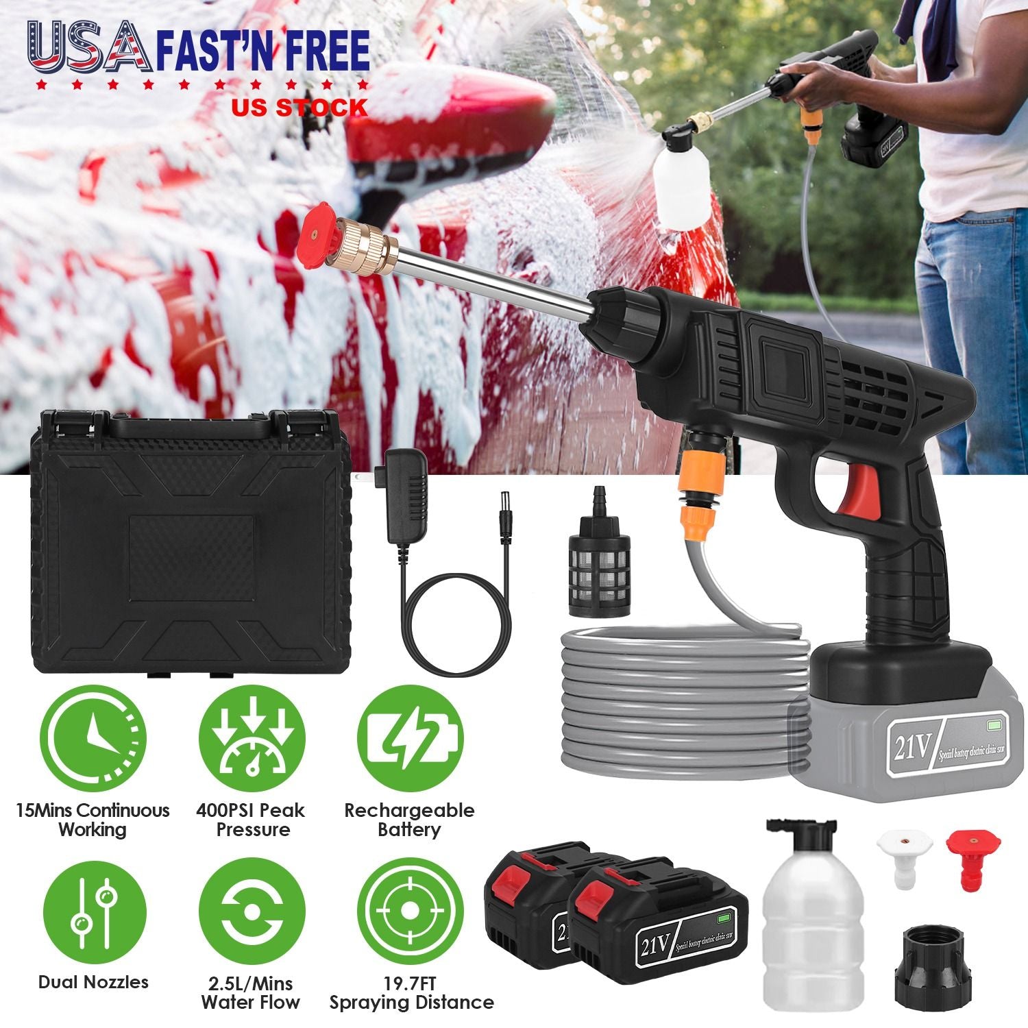Nettoyeur haute pression sans fil portable électrique 400 PSI pour voiture avec buses 0° et 40°, réservoir à mousse, filtre, batterie 21V 1200mAh et chargeur