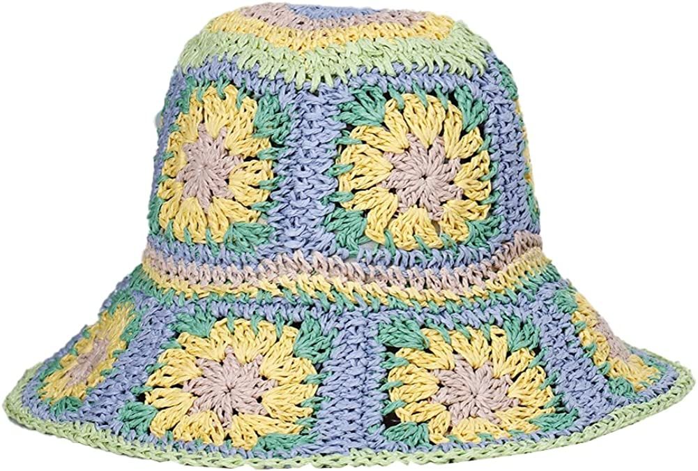Damen Stroh Sonnenhut Blumen Gewebter Fischerhut Strandhut Handgewebter Faltbarer Hut