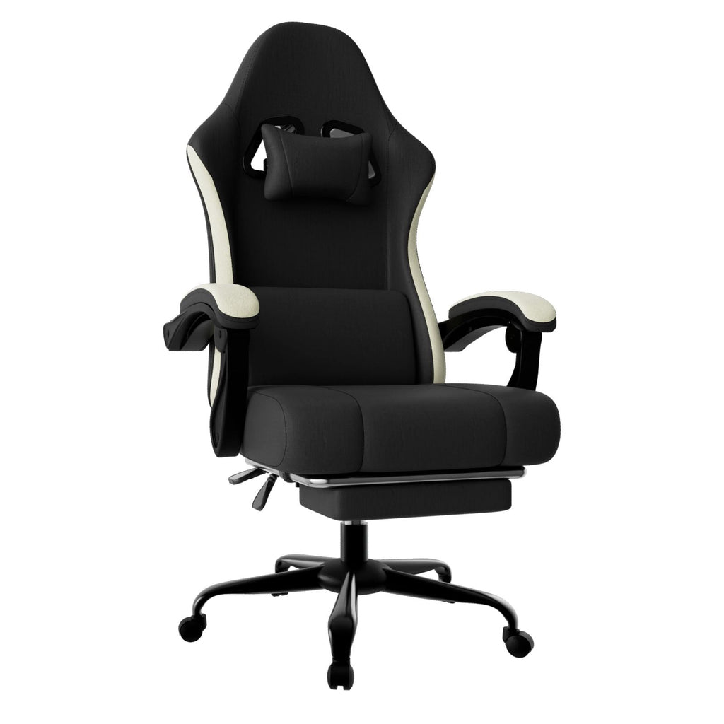 Chaise de jeu ergonomique avec coussin à ressorts ensachés, chaise d'ordinateur en tissu respirant avec repose-pieds, chaise de jeu vidéo avec soutien lombaire réglable pour adultes (Tissu)