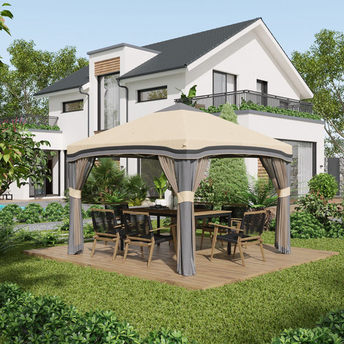 10x10 Pop-Up Pavillon, Moskitonetz, faltbar, höhenverstellbar, Tragetasche mit Rollen, 4 Sandsäcke, Beige