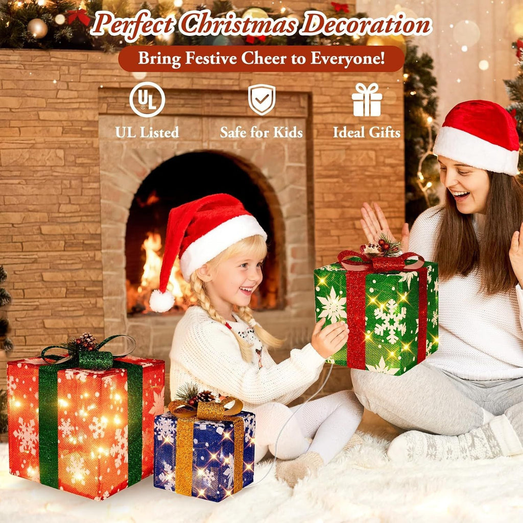 3 grandes boîtes cadeaux pour décorations de Noël extérieures, 25,4 cm, 20,3 cm, 15,2 cm avec mini guirlandes lumineuses de 70 LED pré-éclairées, boîtes cadeaux lumineuses avec paillettes pour Noël, mariage, fête
