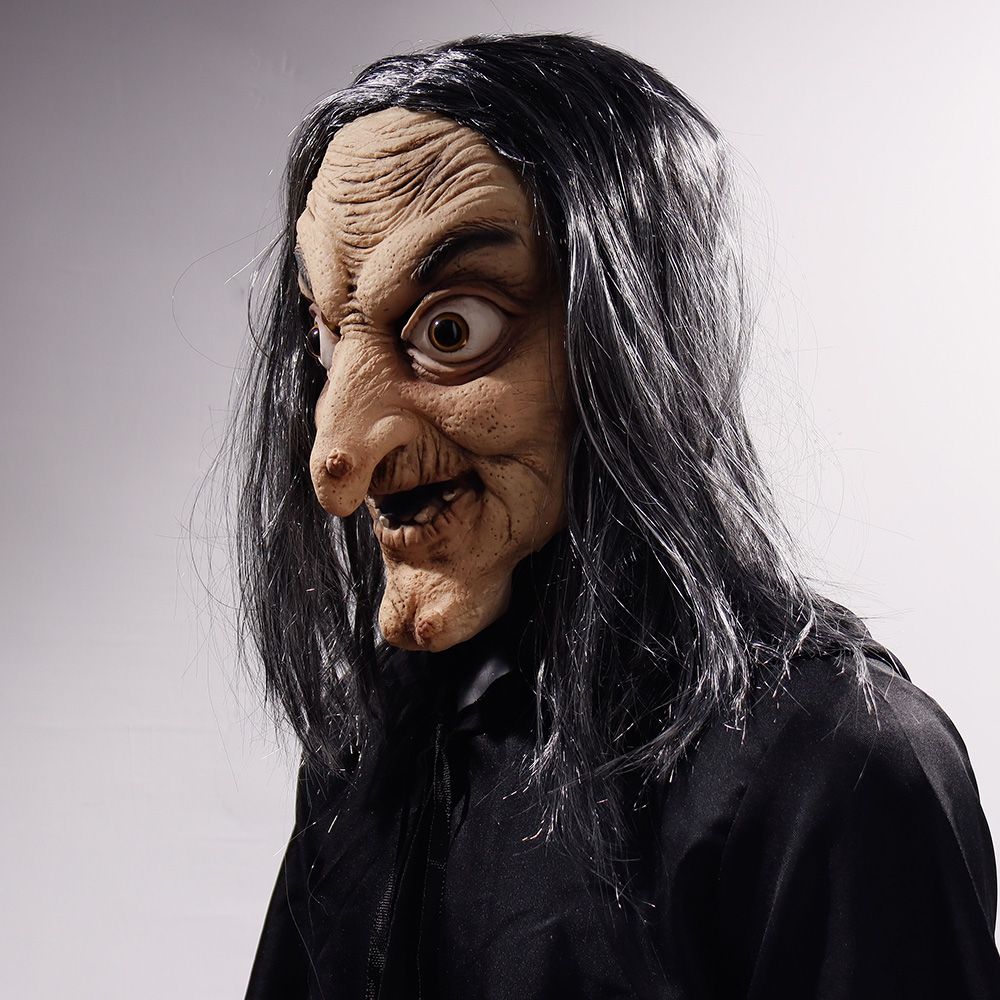 Masque d'Halloween Horreur Vieille Sorcière Cosplay Visage Fantôme Effrayant Nez Long Sorcière Casque en Latex avec Cheveux Accessoires de Fête Maison Hantée