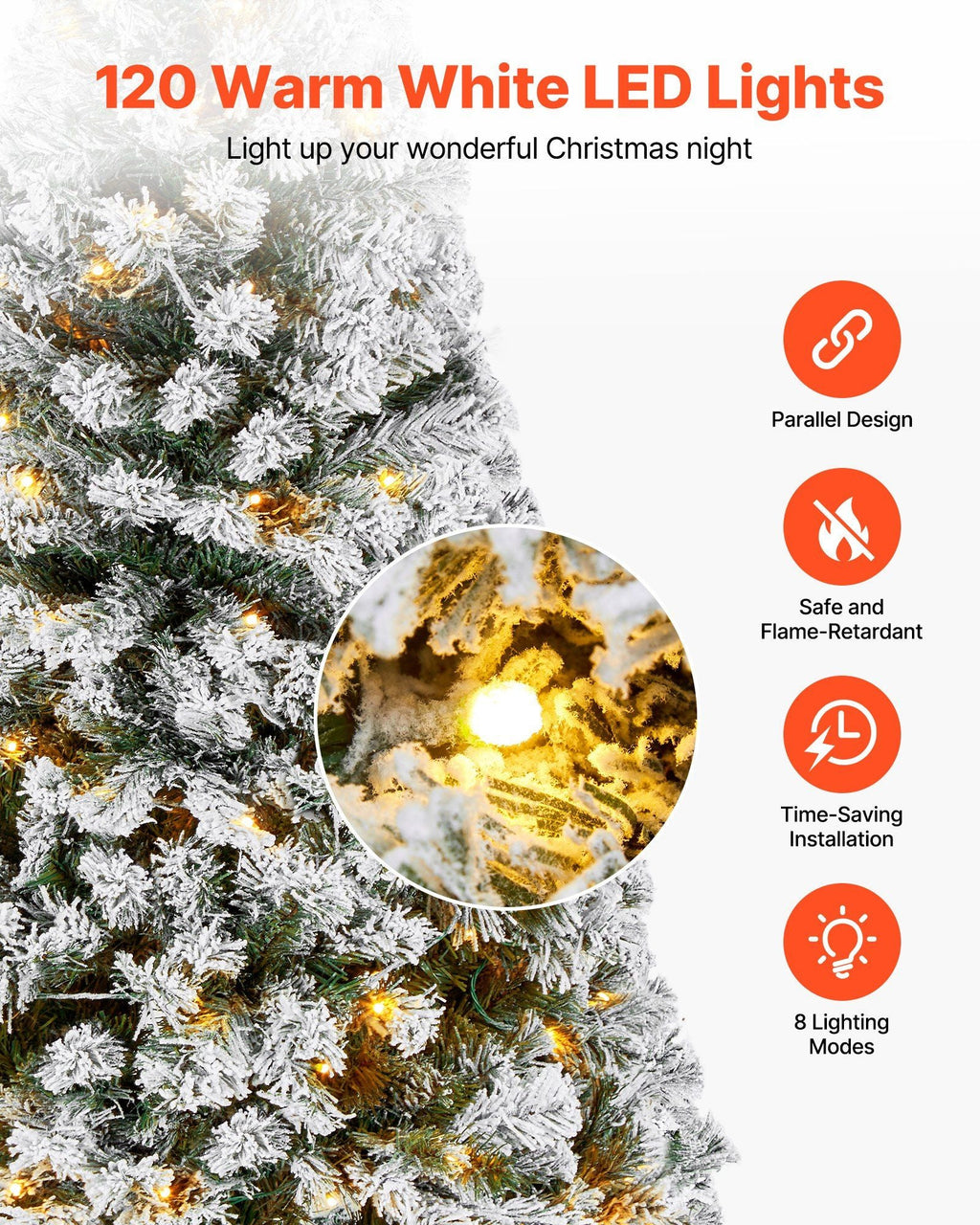 VEVOR Weihnachtsbaum, 1,2 m großer, vorbeleuchteter, beflockter Kunstbaum, voller Weihnachtsbaum mit 120 warmweißen LED-Lichtern, 8 Beleuchtungsmodi und 539 Zweigspitzen für Heim-, Party- und Bürodekoration