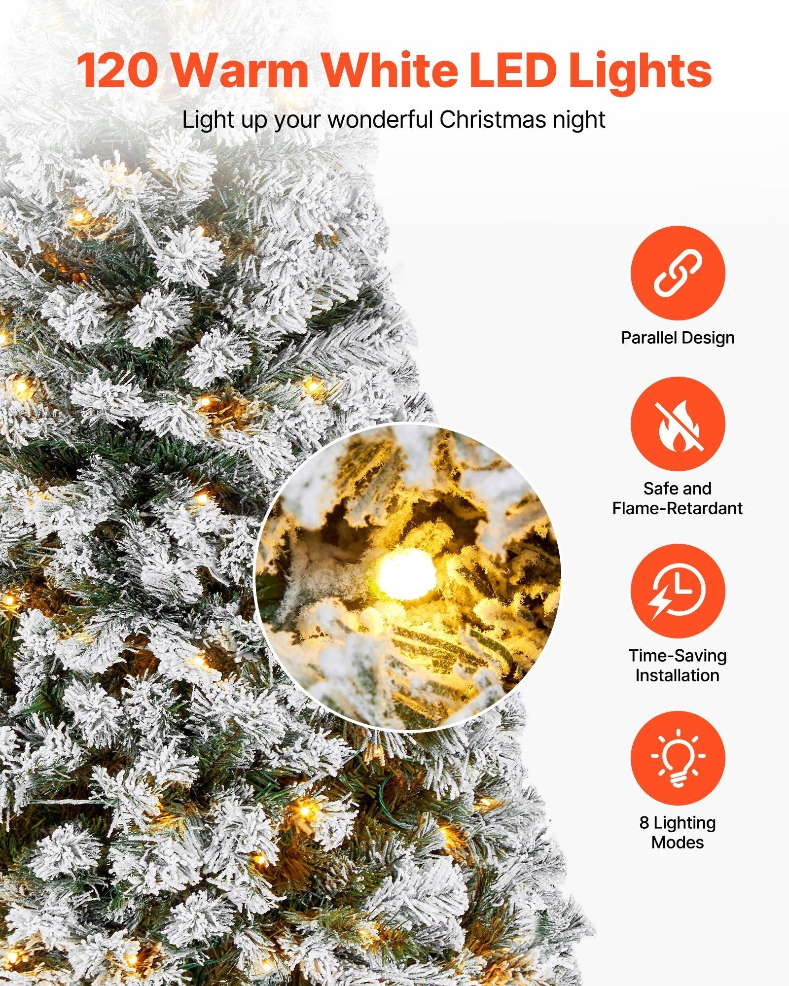 VEVOR Weihnachtsbaum, 1,2 m großer, vorbeleuchteter, beflockter Kunstbaum, voller Weihnachtsbaum mit 120 warmweißen LED-Lichtern, 8 Beleuchtungsmodi und 539 Zweigspitzen für Heim-, Party- und Bürodekoration