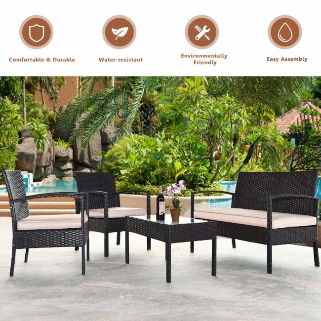 Salon de jardin 4 pièces, chaises en rotin et osier, ensemble de bistrot extérieur