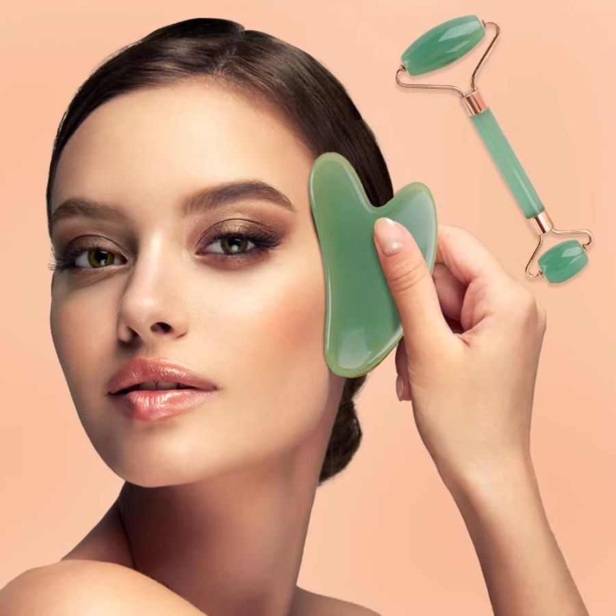 Gua Sha Planche 2PCS Pierre de massage pour le visage et le corps Rouleau de massage pour le grattage en résine naturelle Grattoir pour lifting du visage et massage anti-rides pour le cou