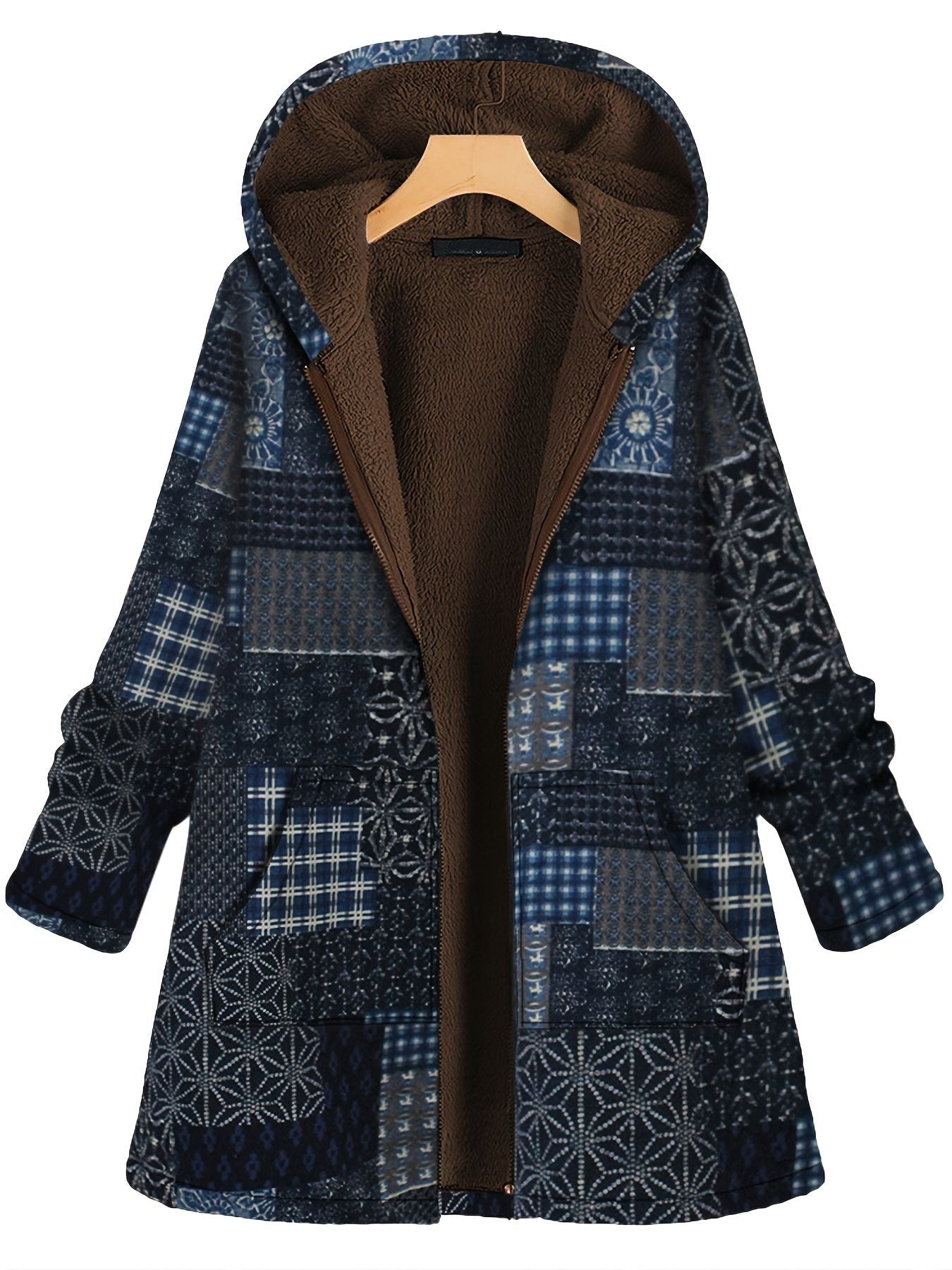 Große Größen Patchwork Print Hoodie mit Fleece-Futter Thermomantel; Damen Plus Langarm Freizeitjacke