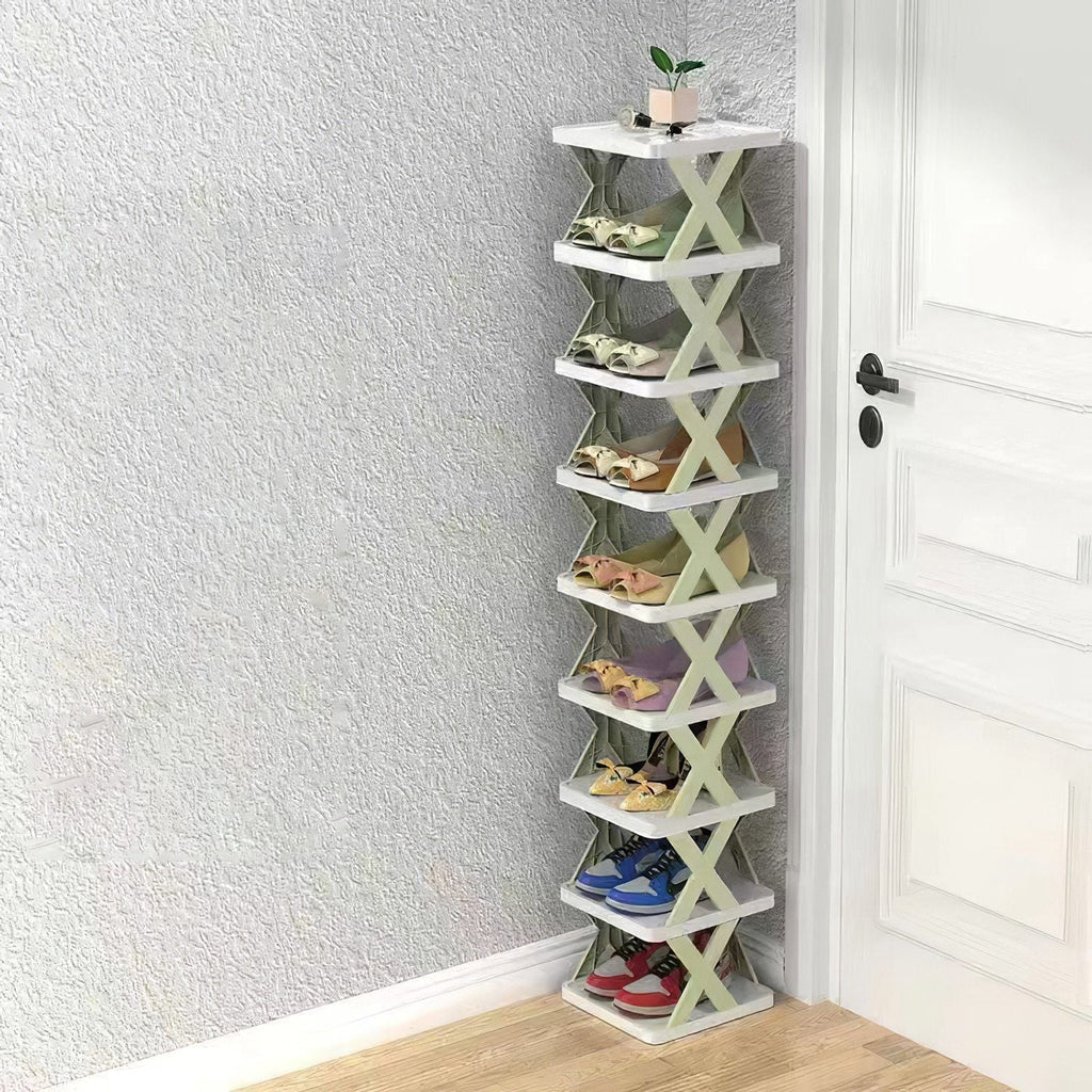 9-stöckiges schmales Schuhregal für den Eingangsbereich, vertikaler Schuh-Organizer aus Kunststoff, platzsparender, freistehender Schuhaufbewahrungsschrank für Flur und Diele