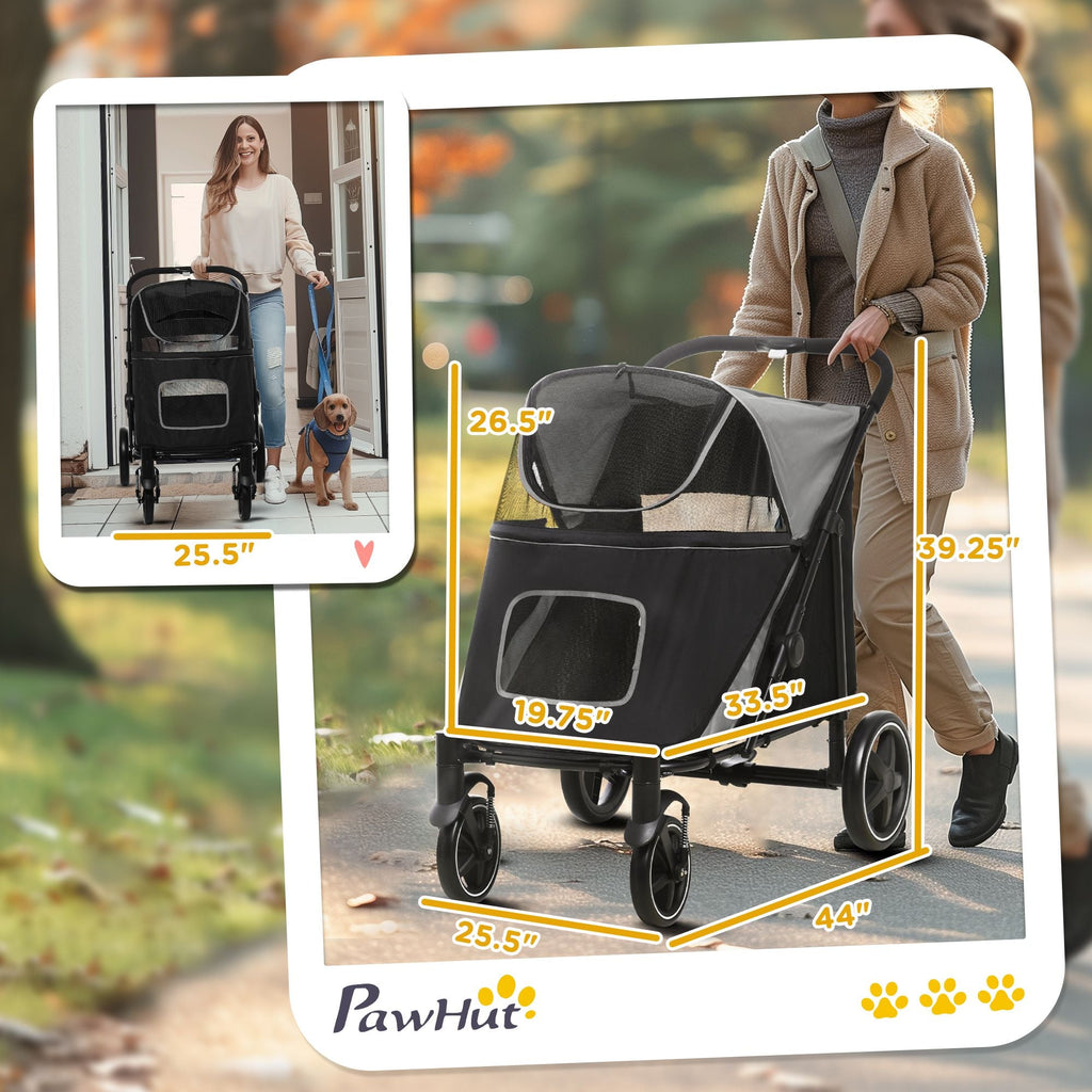 PawHut Haustier-Kinderwagen Hunde Katzen-Buggy mit Ein-Klick-Faltsystem, Universal-Vorderrädern, Stoßdämpfer, Bremsen, Aufbewahrungstaschen, Netzfenster