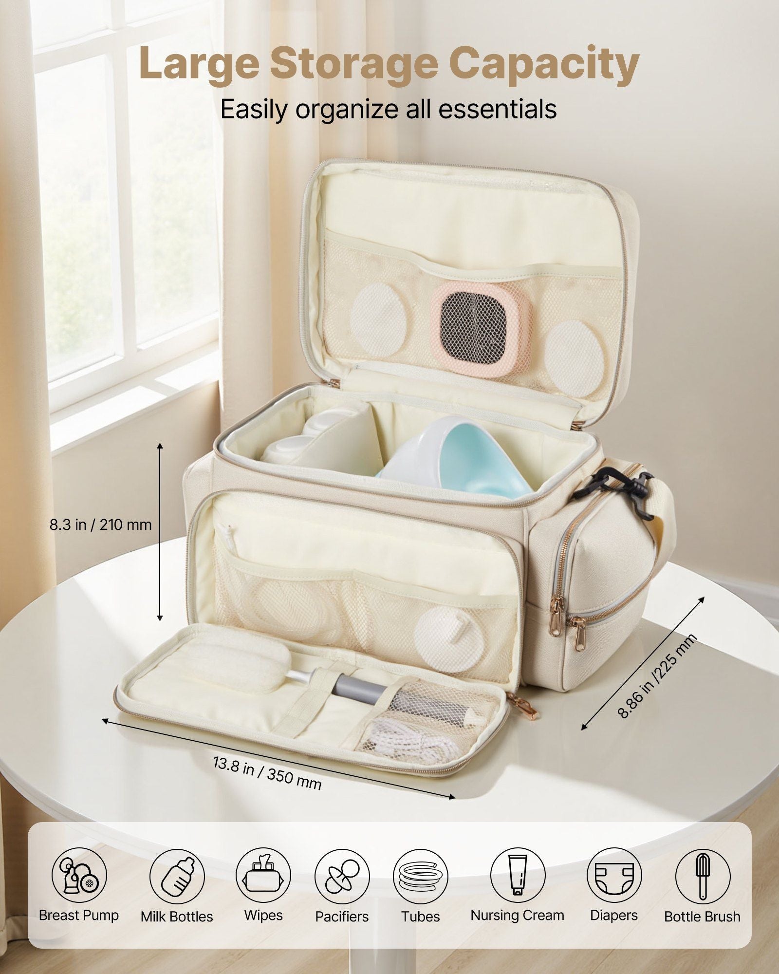 Sac pour tire-lait VEVOR, sac d'allaitement avec tapis imperméable, convient aux modèles S1/S2, accessoires de pompage et rangement de lait maternel, sac de transport portable pour le travail, les voyages et l'utilisation familiale, beige
