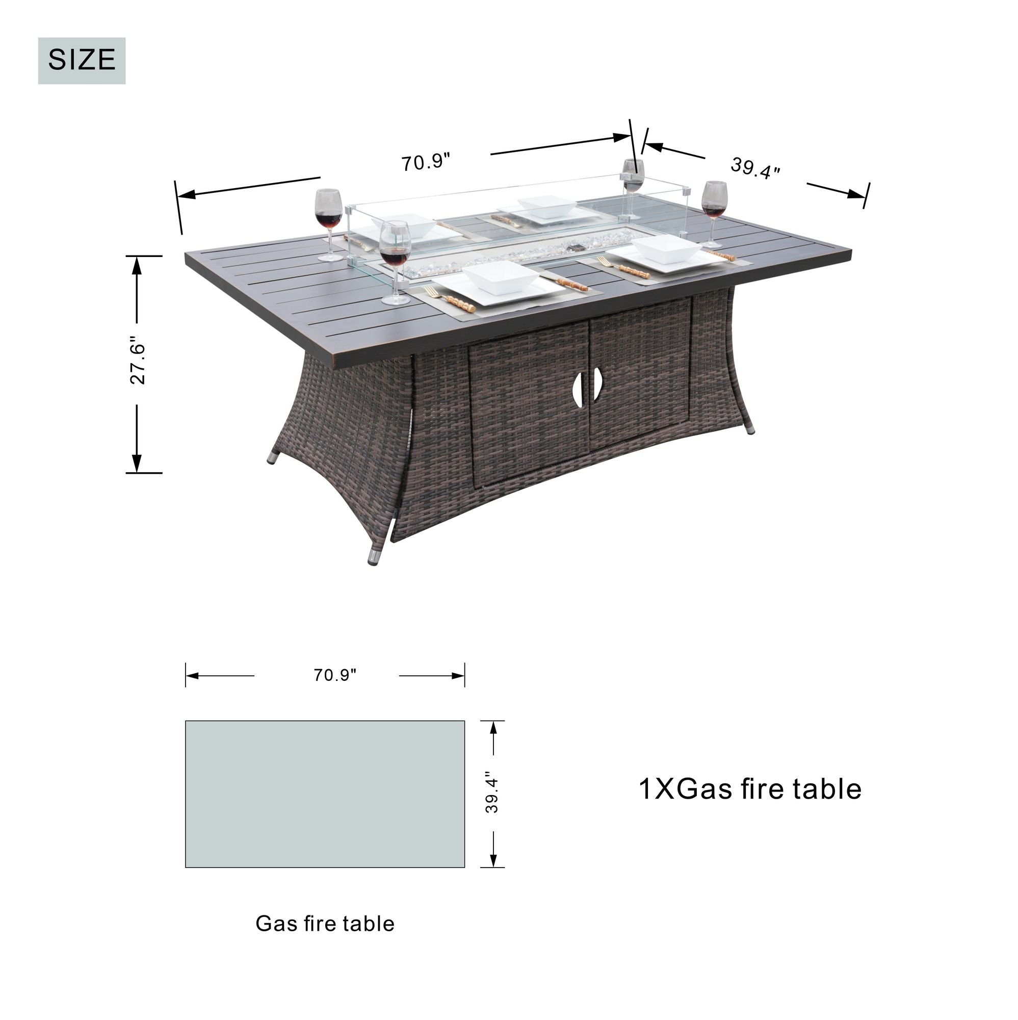Ensemble de salle à manger d'extérieur Direct Wicker avec foyer – Table rectangulaire en aluminium 6 places et chaises en rotin