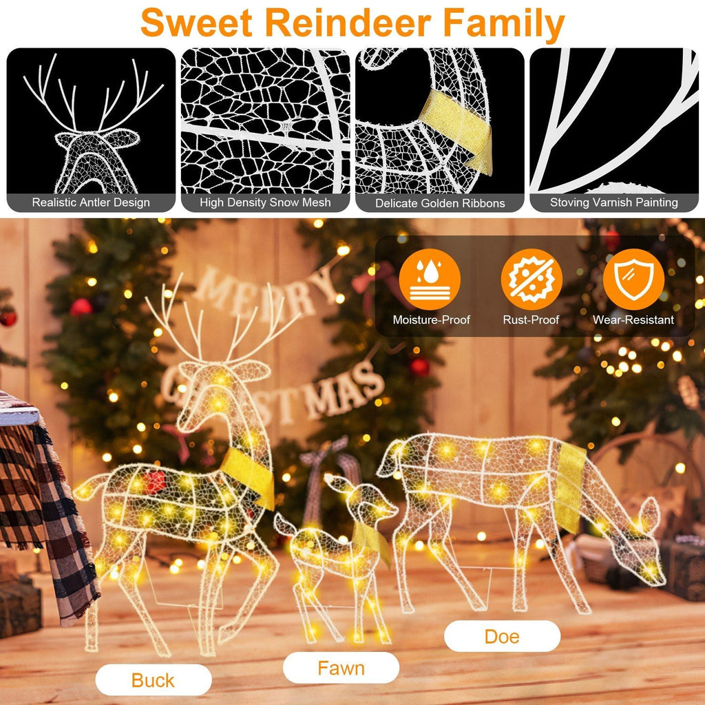 3er Set Rentierfamilie beleuchtet 2D Weihnachts-Hirsch-Dekoration warmweißes Licht 3 Beleuchtungsmodi Hirschkuh-Kitz Innen-Außen-Weihnachtsdekoration